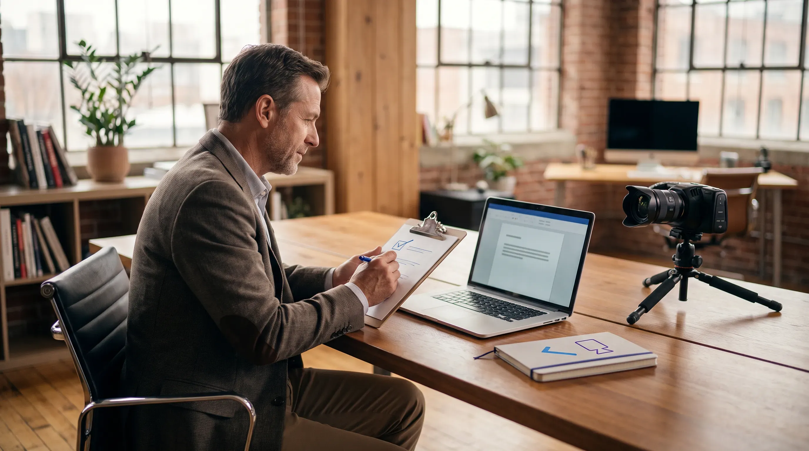 A business professional reviews a checklist at a sleek conference table in a warm, modern creative studio filled with natural light.
