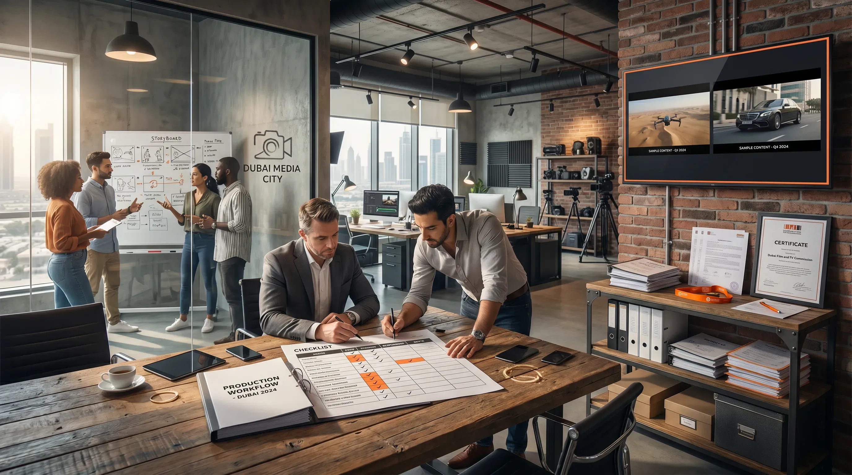 A realistic Dubai video production office scene with a client and vendor reviewing a checklist at a modern conference table, surrounded by vignettes.
