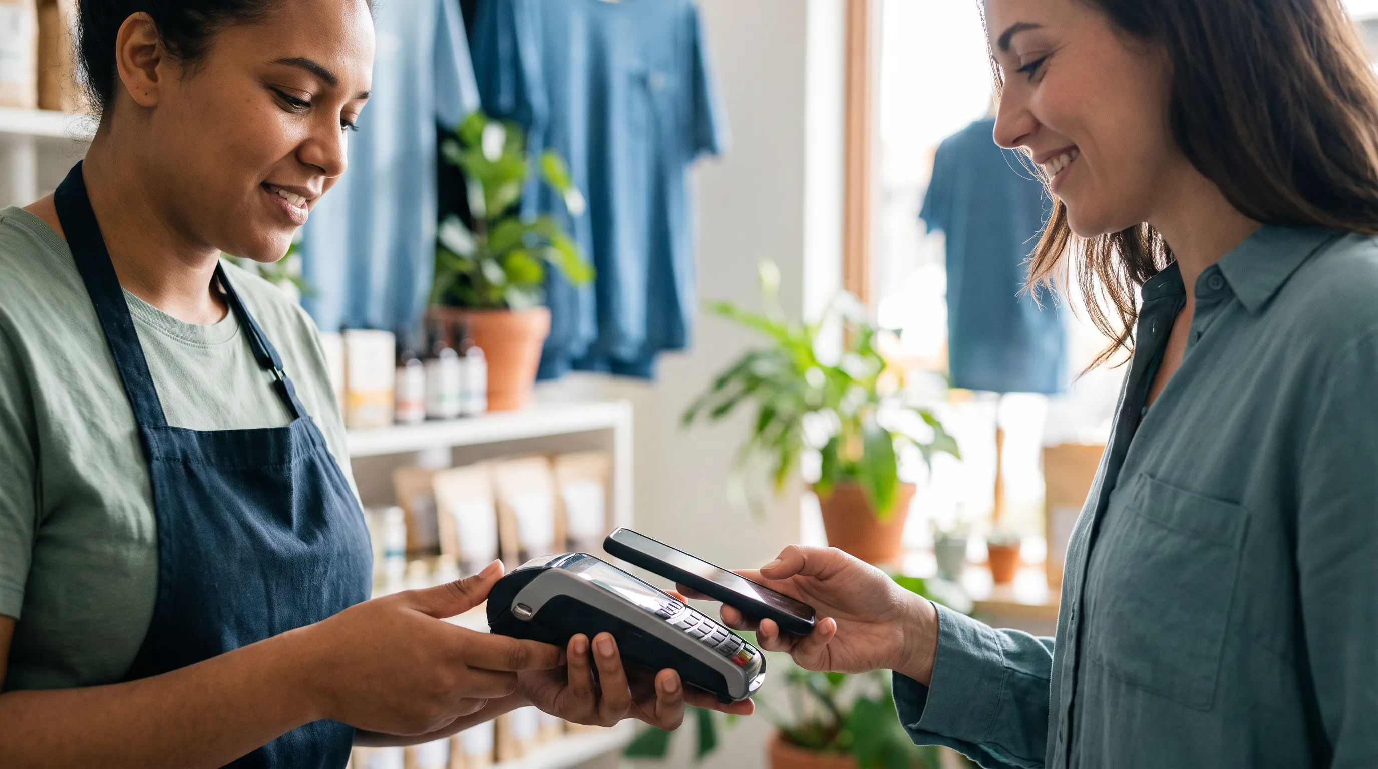 A cashier assists a customer with a mobile payment in a small retail store, capturing a warm, friendly interaction.