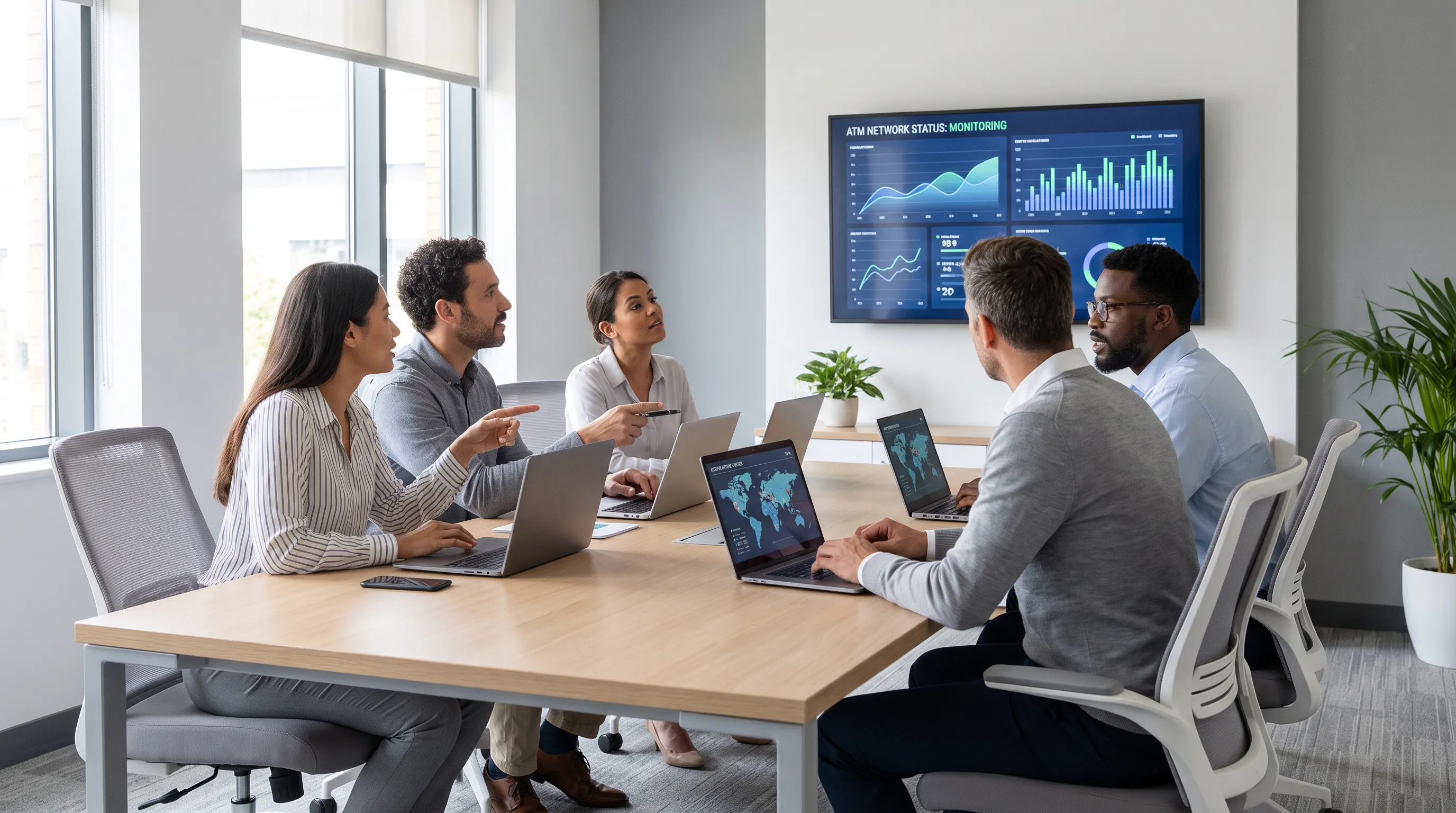 Banking staff collaborate around a conference table in a modern meeting room, discussing ATM monitoring strategies with laptops and screens.