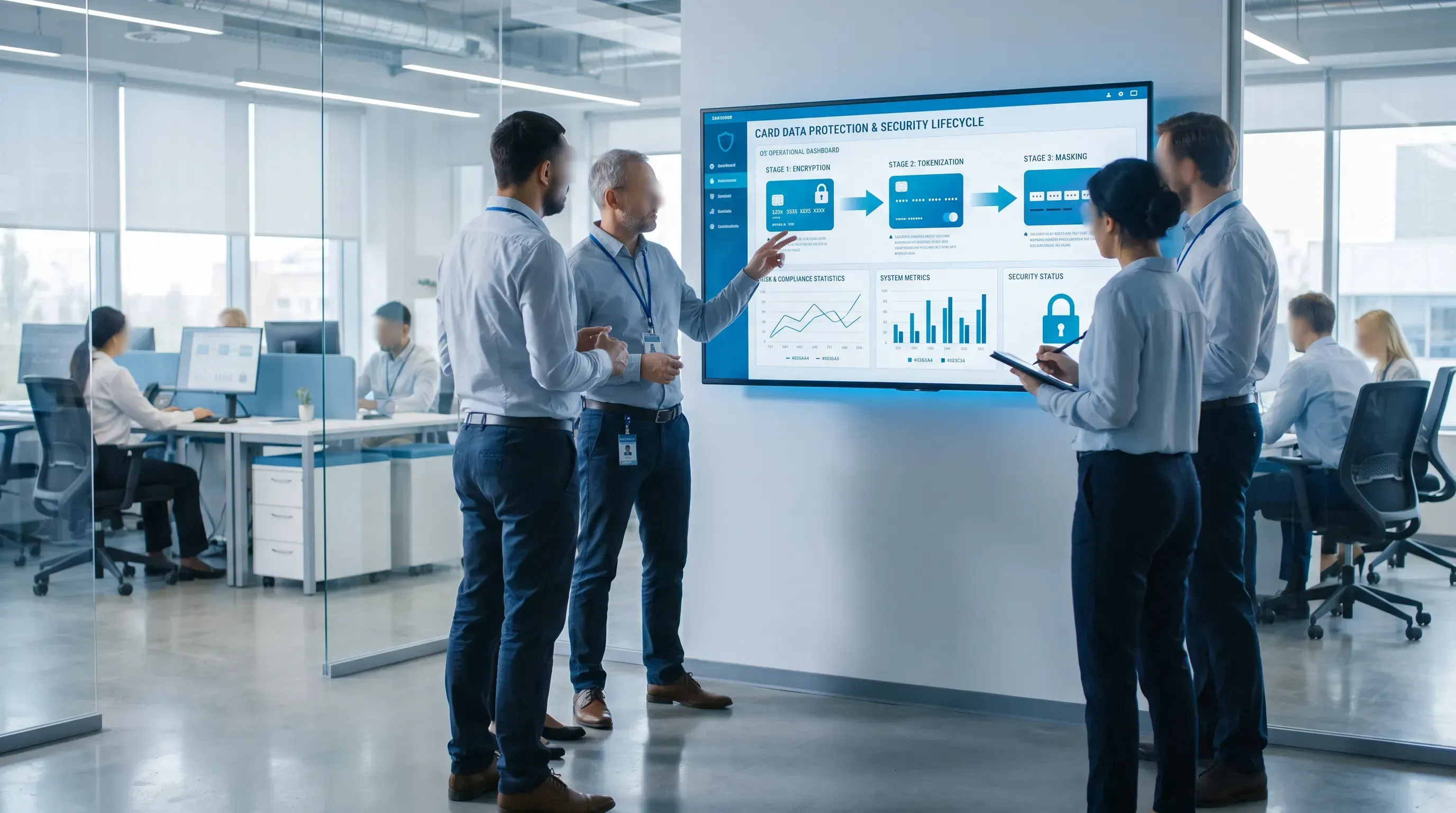 A modern corporate office with engineers discussing a large digital dashboard displaying card data protection metrics and compliance statistics.