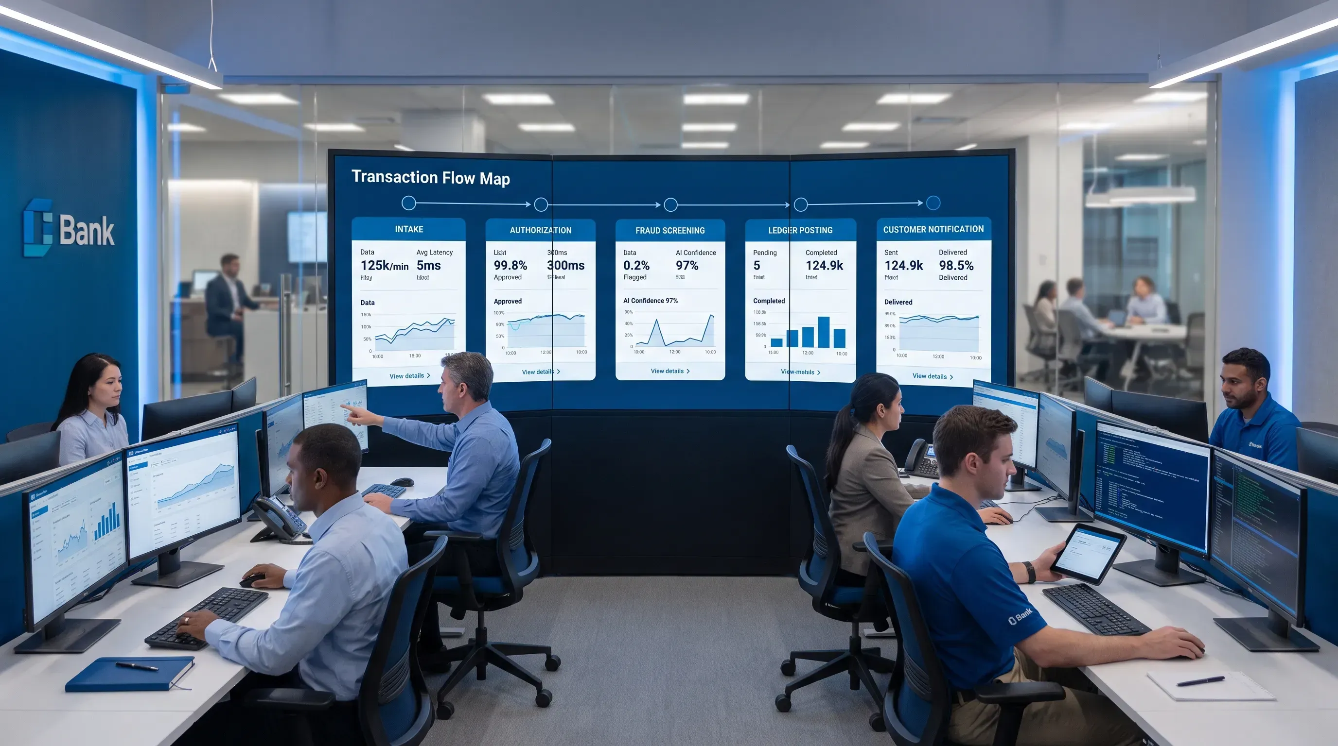 A modern banking operations center featuring a central dashboard with transaction flow stages, bank engineers monitoring the system.