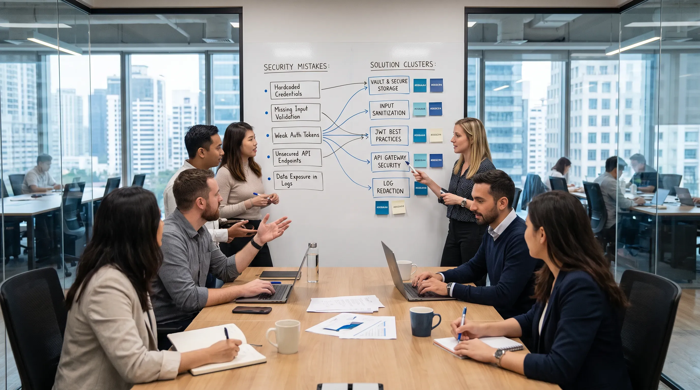 A collaborative fintech team discusses around a central table, with a hand-drawn workflow diagram on a whiteboard in a modern office.