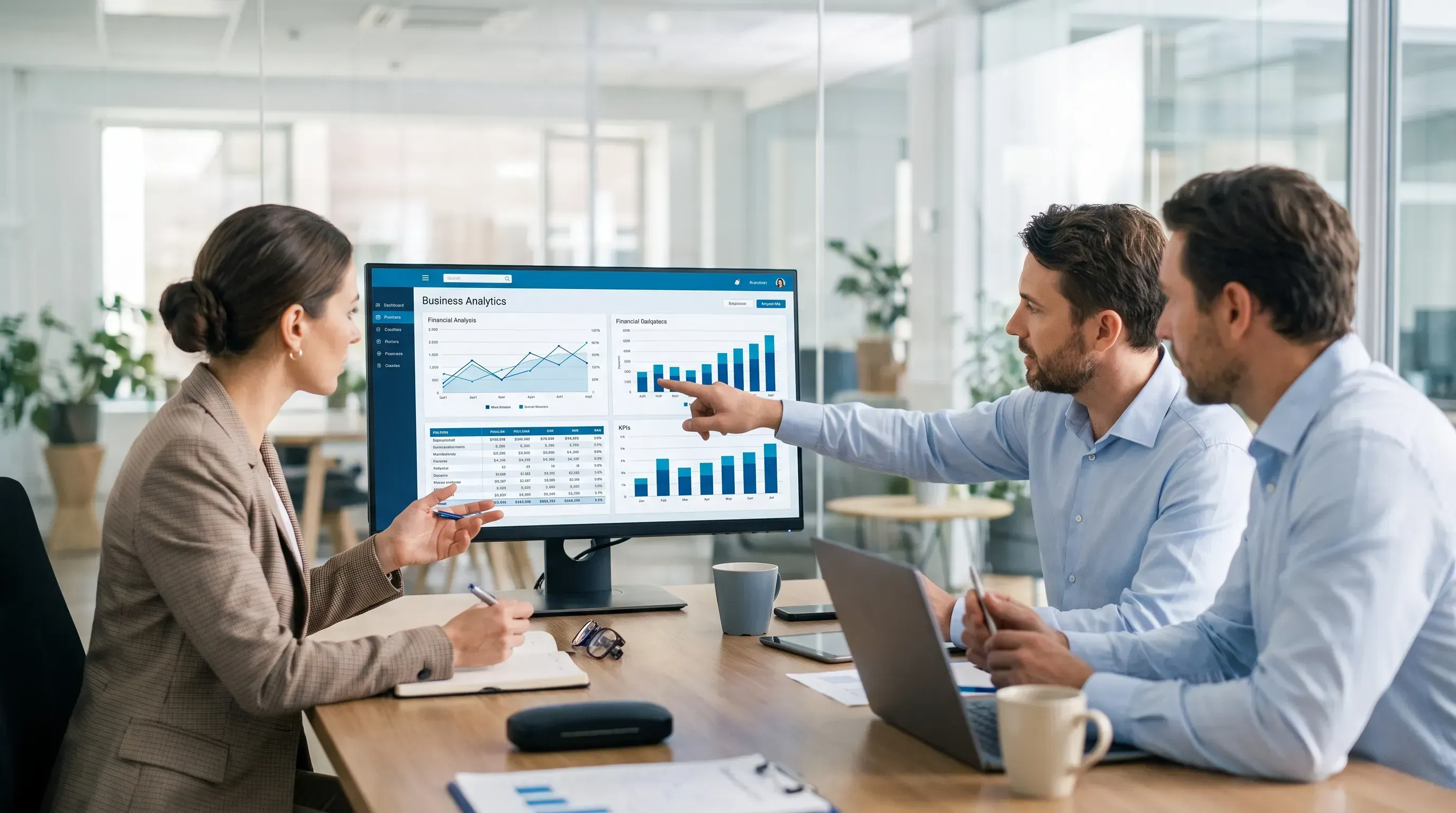 A diverse team of professionals in business attire collaborates at a conference table, discussing payment analytics data displayed on a monitor.