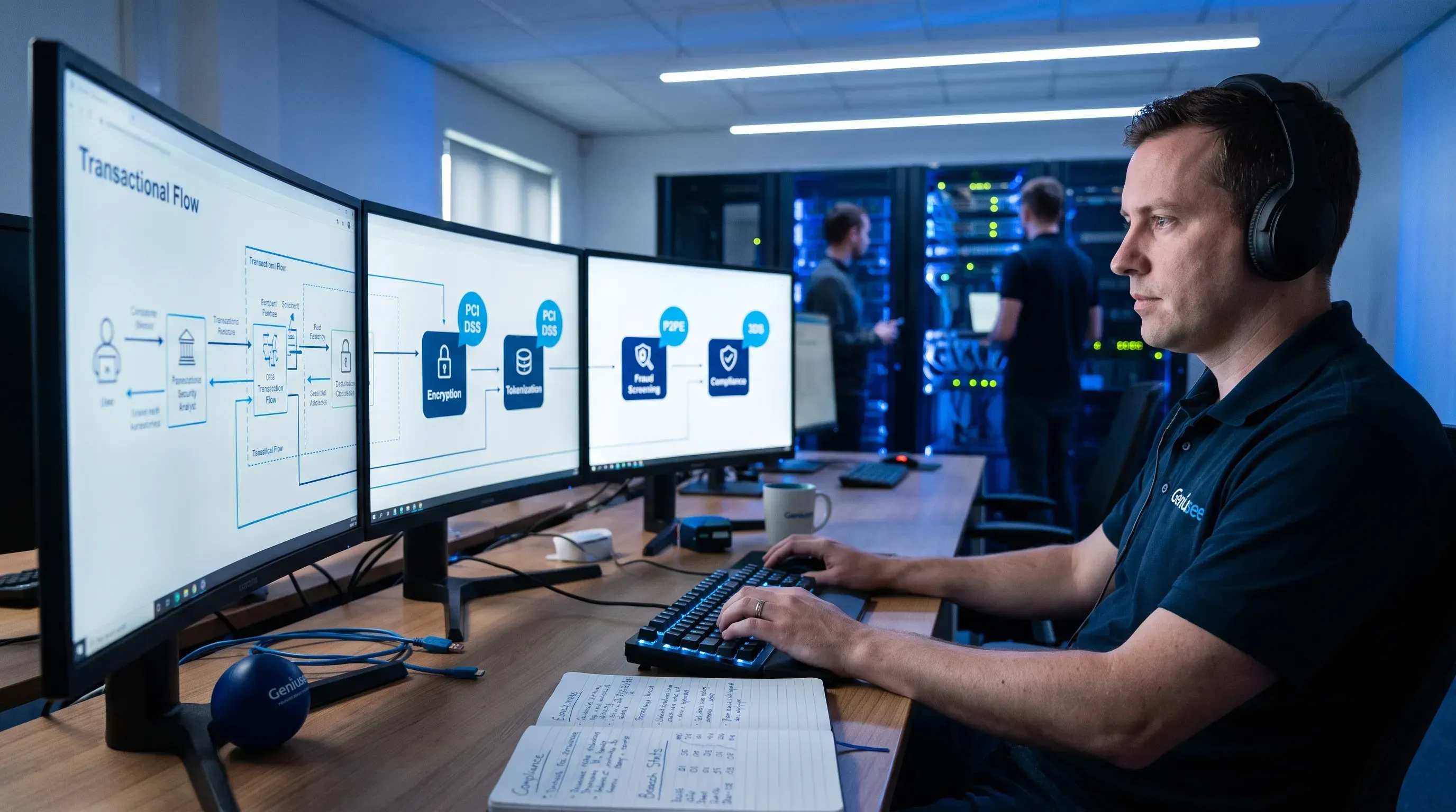 A payment security analyst at a modern IT office studies a multi-monitor display showing a transactional flow diagram with compliance icons.