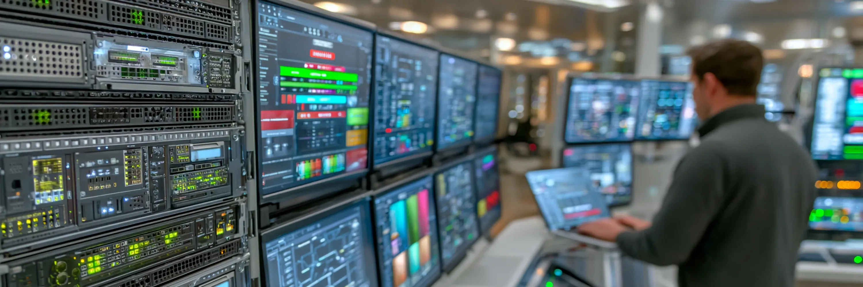 IT engineer monitoring multiple server dashboards and infrastructure systems in a modern network operations center with rack servers and analytics screens