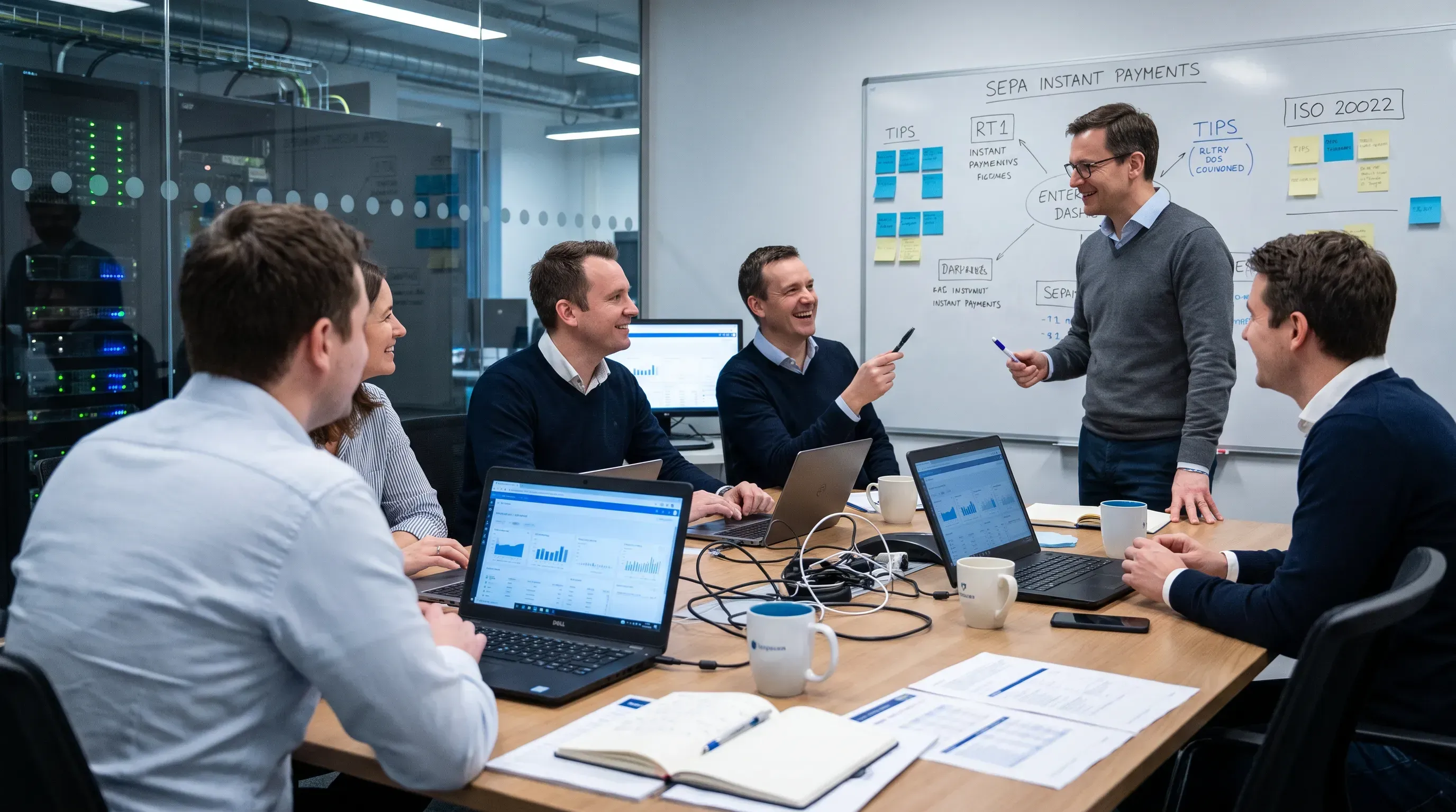 A candid moment of payment professionals discussing around a cluttered office table, focused on laptops and a messy whiteboard.