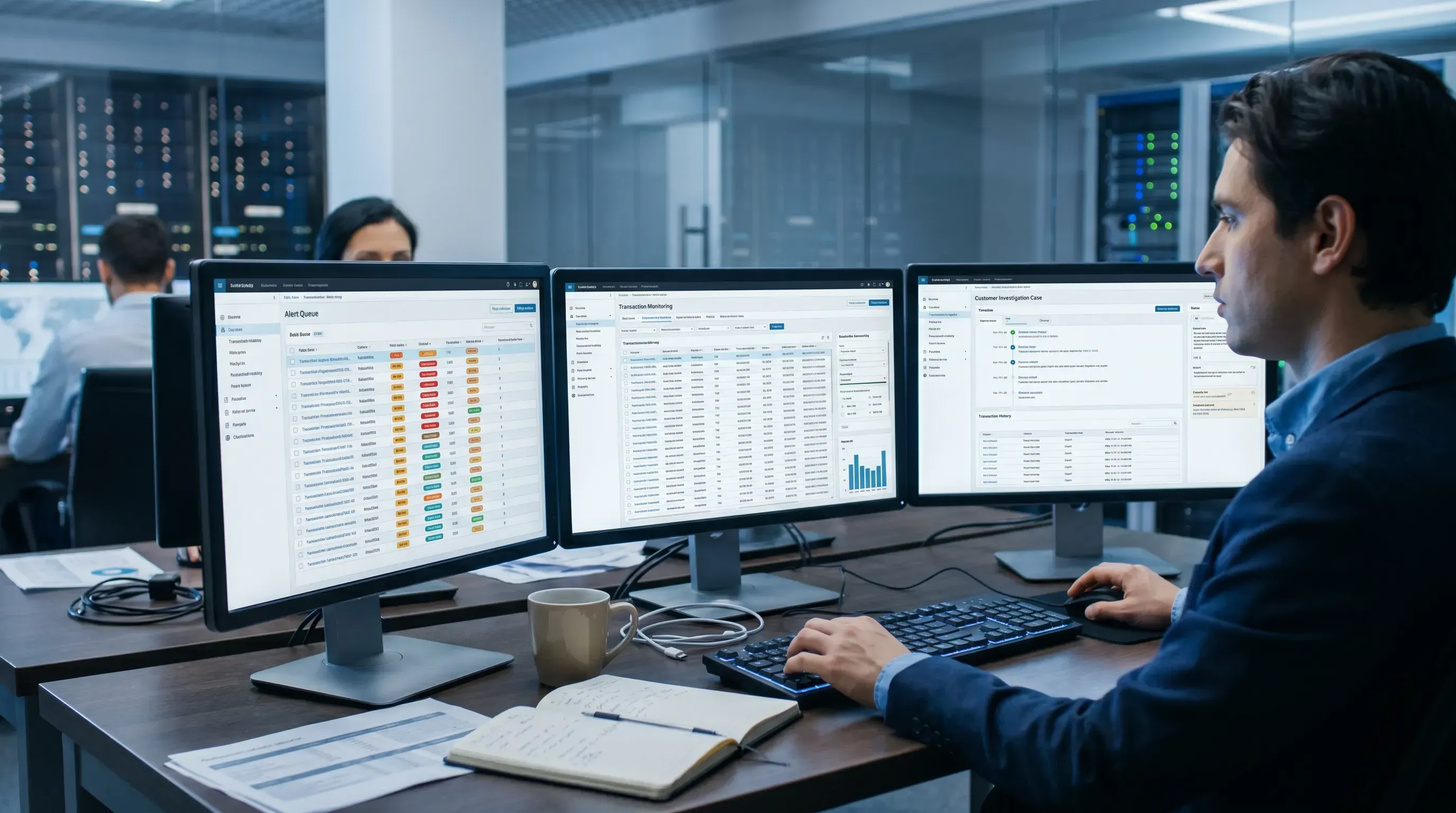 Fraud operations analyst at a multi-monitor workstation in a modern fintech office, focused on investigating suspicious transactions.