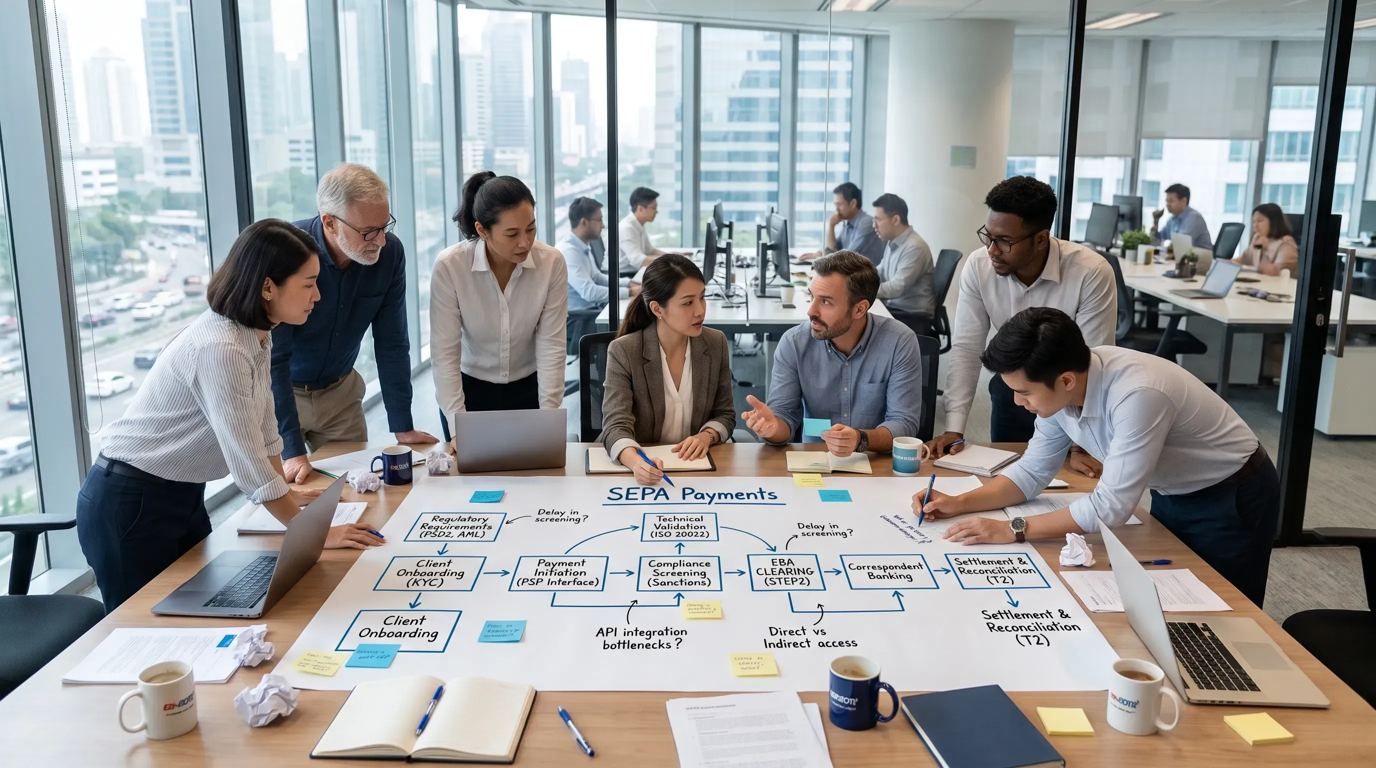 A diverse team of bankers and PSP staff collaborates around a hand-drawn SEPA payments workflow diagram in a modern open office.