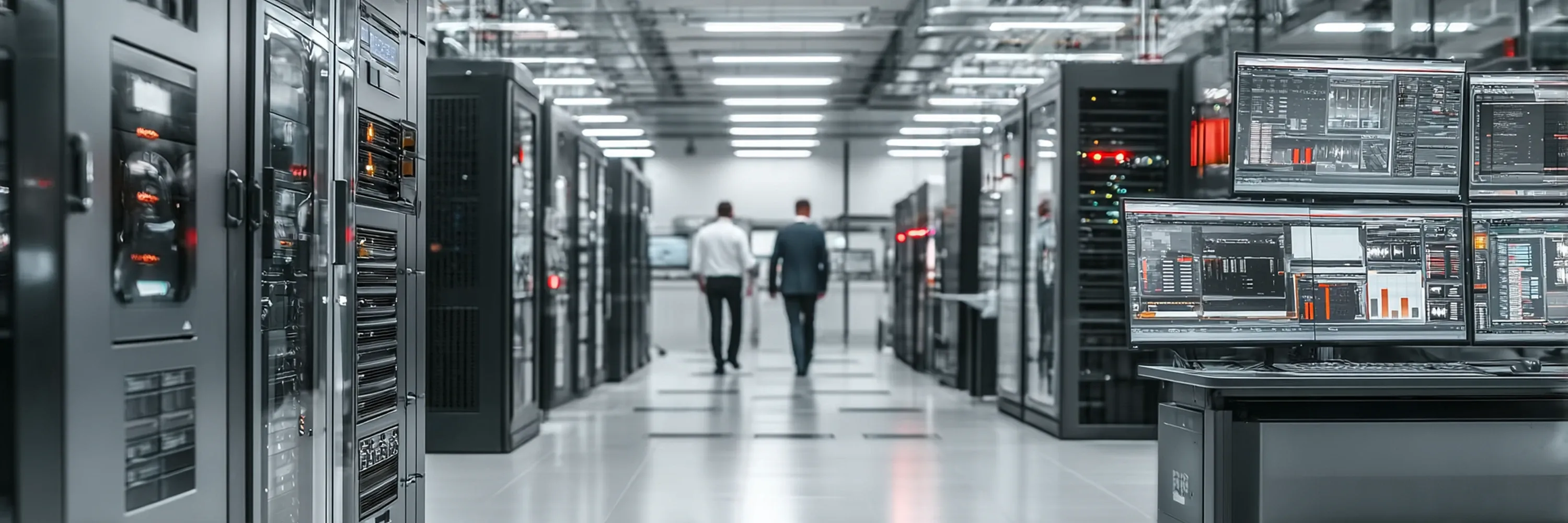 Modern enterprise data center with server racks, monitoring dashboards, and IT professionals managing infrastructure operations