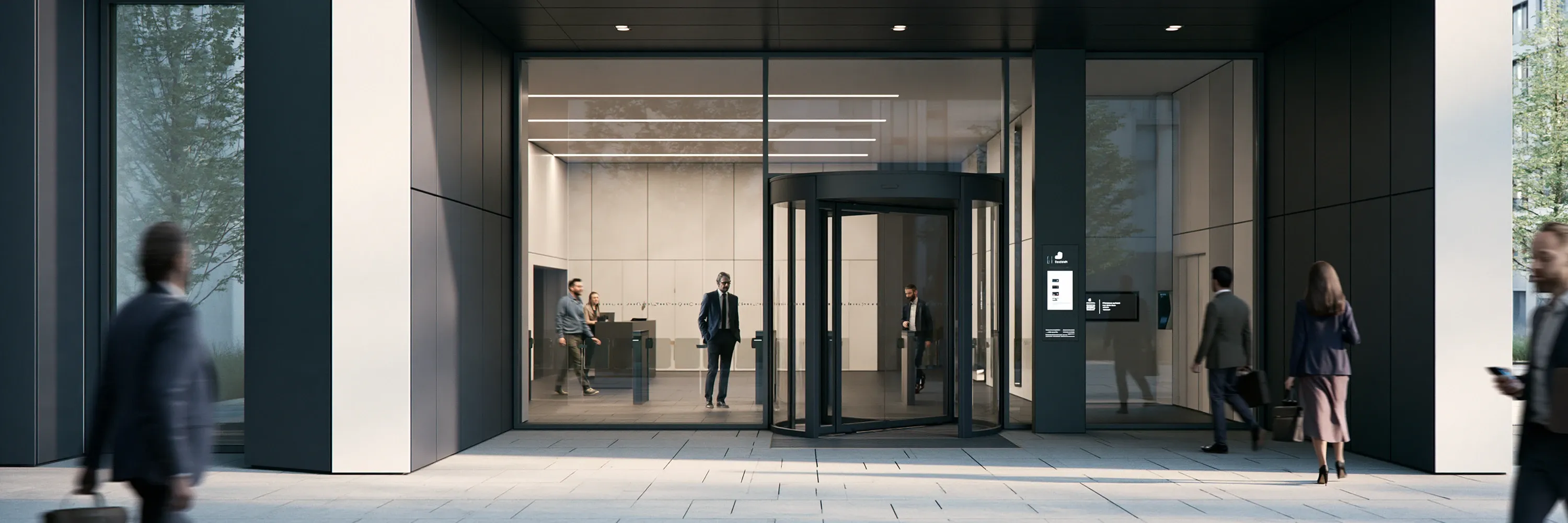 Modern corporate office building entrance with glass façade, revolving door, and business professionals entering and exiting, representing banking institutions, financial services, corporate headquarters, and enterprise operations.
