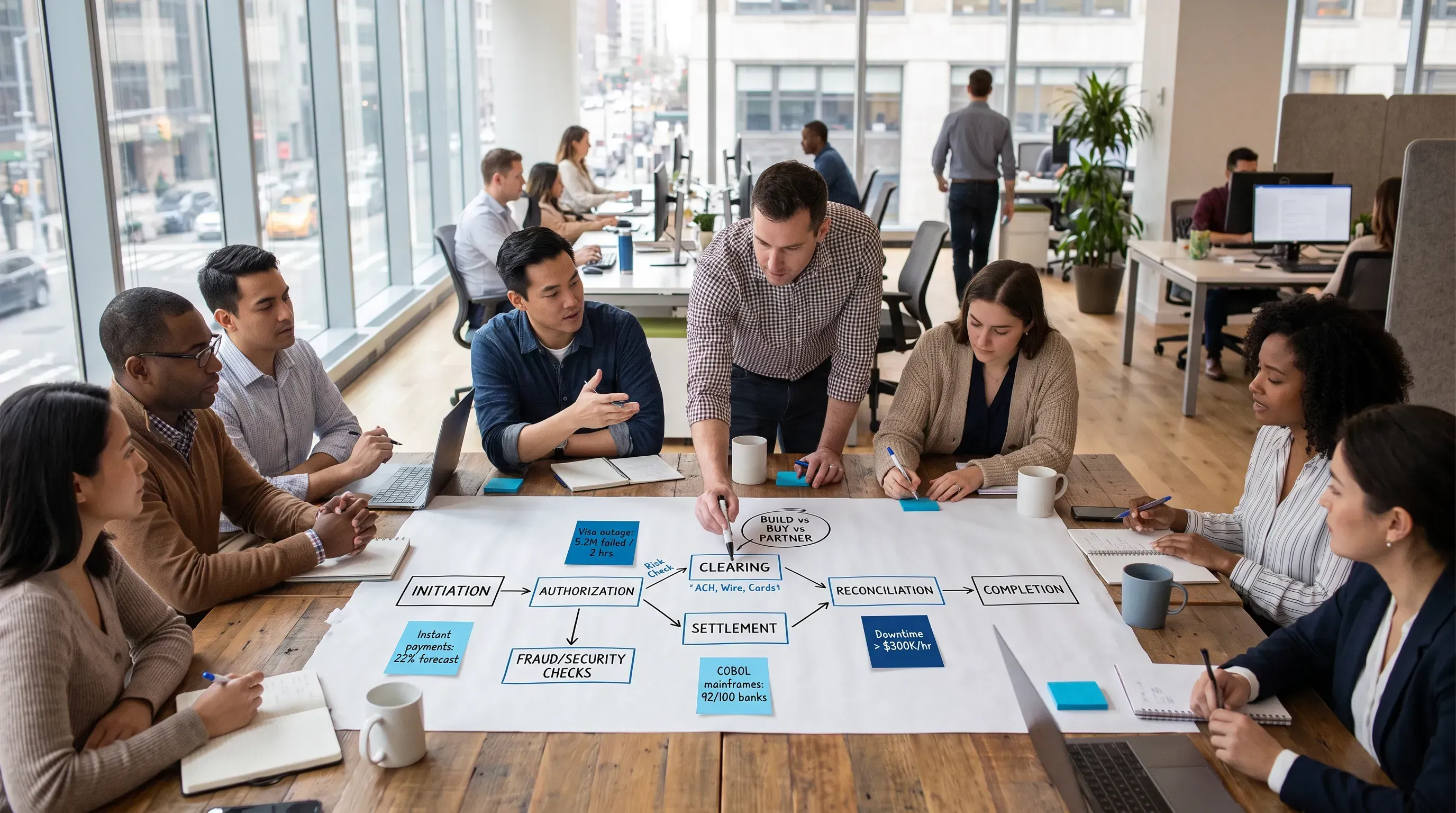 A diverse team of fintech engineers collaborates around a large table, discussing a hand-drawn workflow diagram in a bright, modern office.