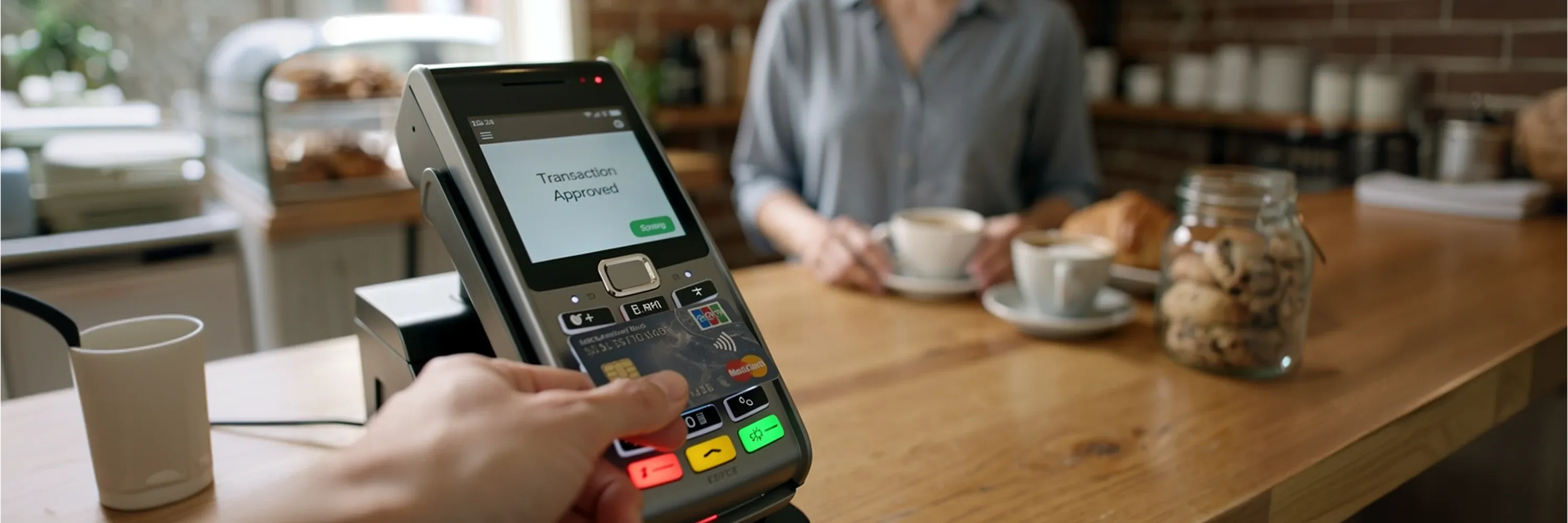 Customer making a contactless card payment at a café counter using a modern POS terminal with transaction approved on screen