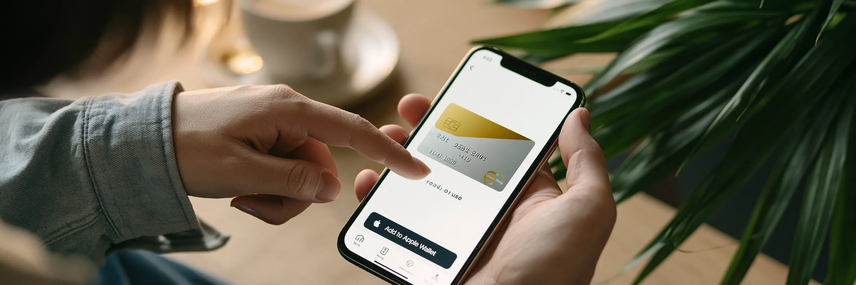 Person adding a debit card to Apple Wallet on a smartphone, illustrating digital wallet setup, card tokenization, mobile banking, contactless payments, and fintech onboarding.