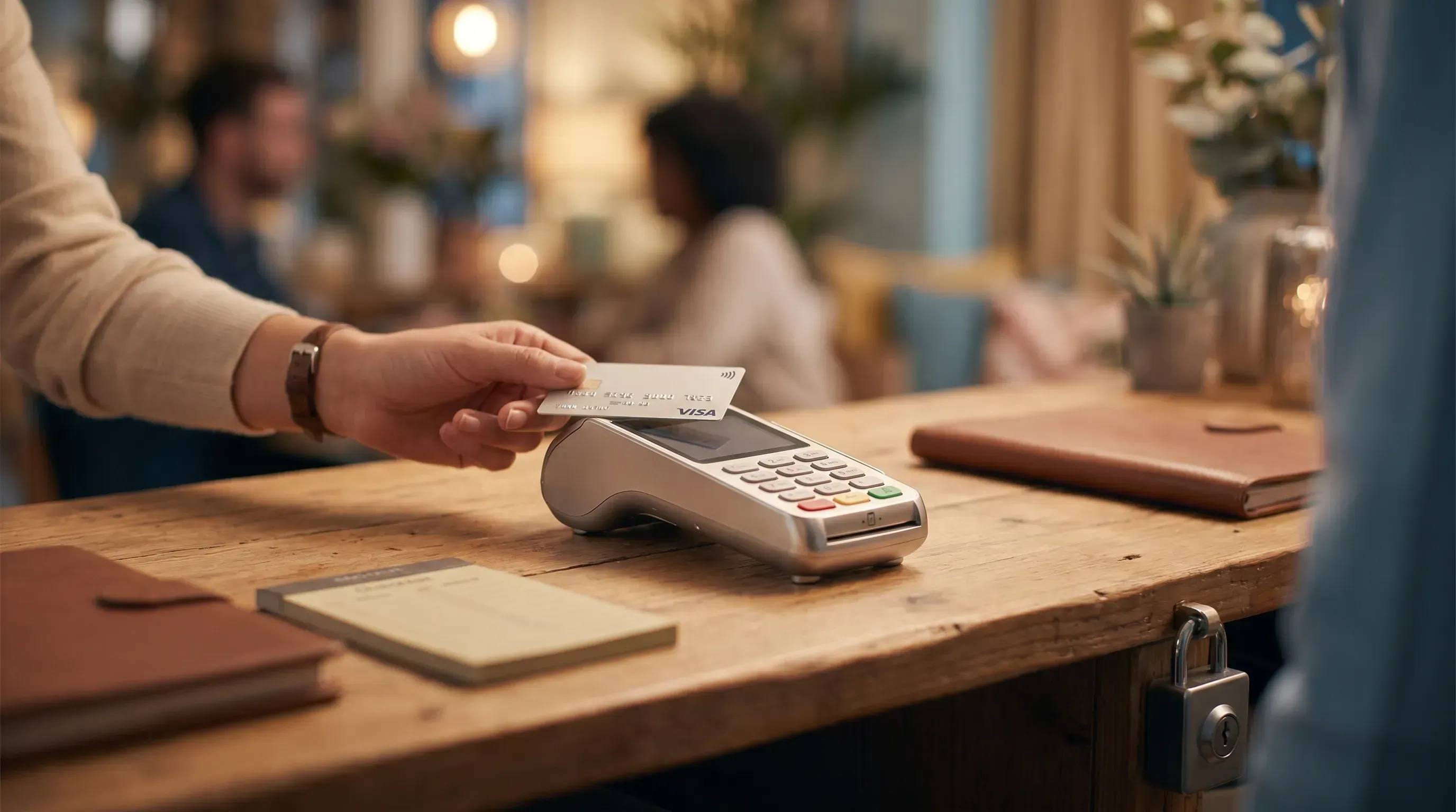 A warm workspace scene with a Visa card on a terminal, surrounded by blurred professionals and minimalist objects on a wood surface.