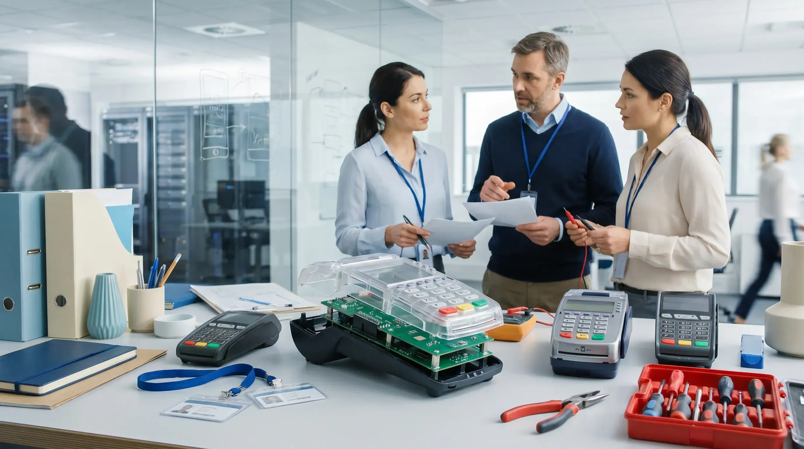 A modern engineering workspace with a disassembled payment terminal on a cluttered workbench, featuring collaborating professionals and realistic details.