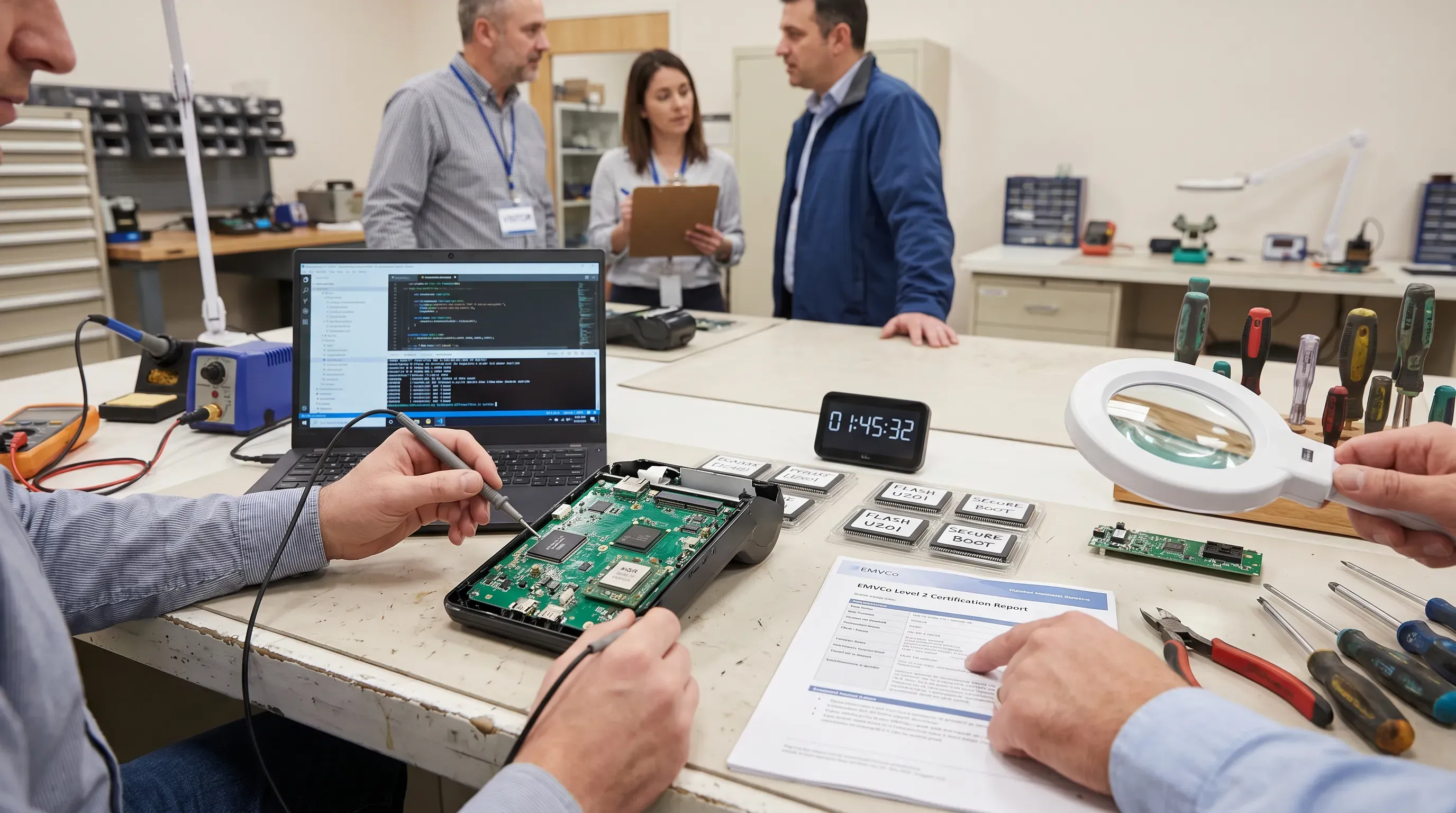 A realistic workbench scene with a disassembled POS terminal, engineers' hands, certification documents, and a laptop in a professional workshop.