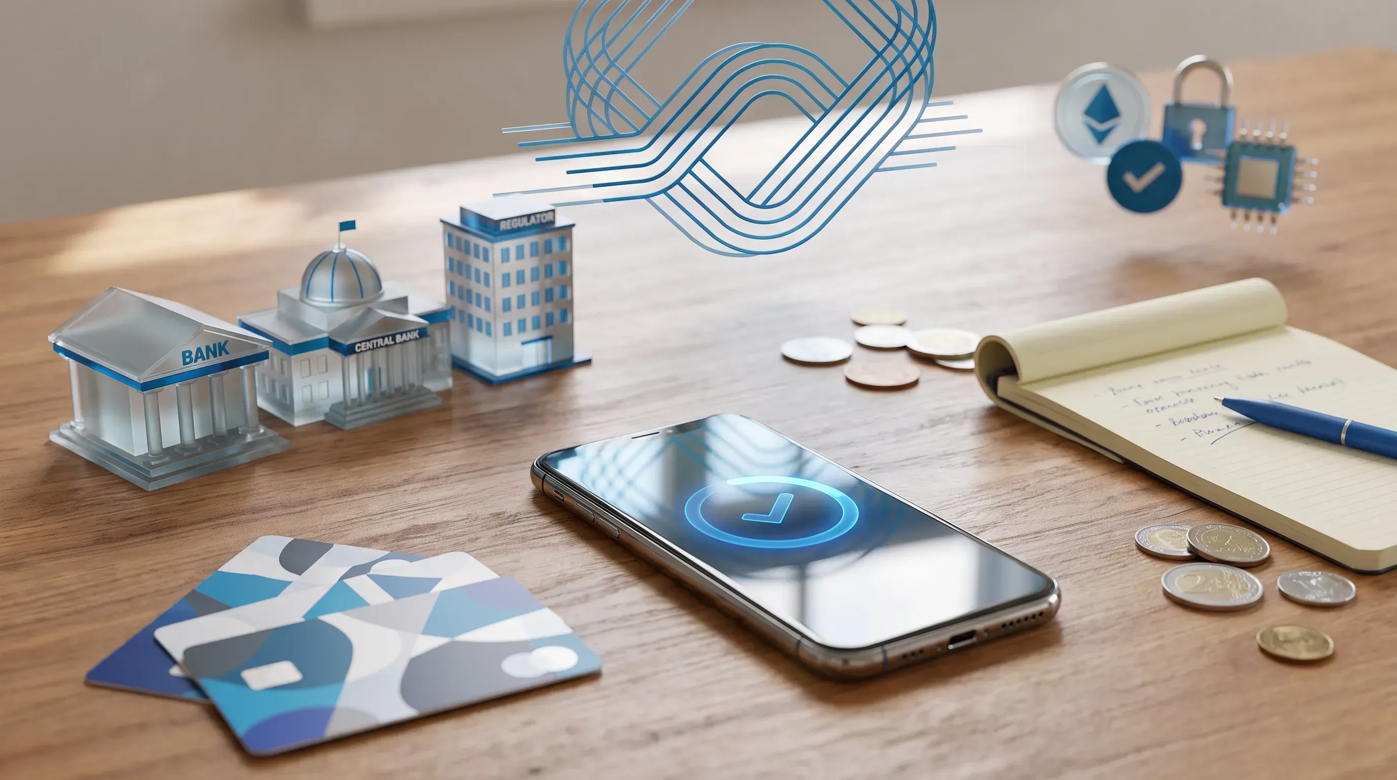 A modern tabletop workspace featuring a reflective smartphone with a payment notification, abstract bank cards, and miniature bank models.