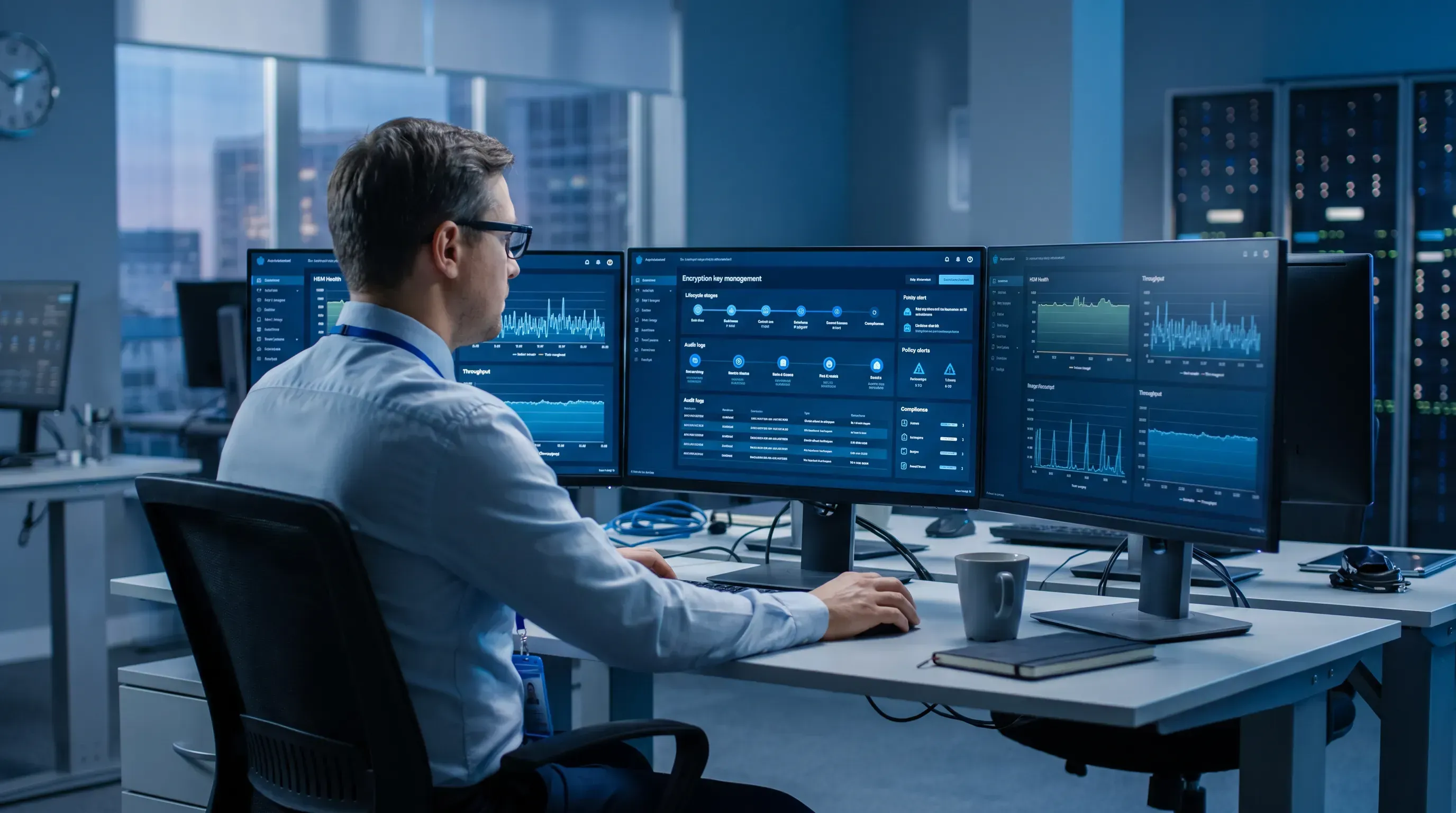 A bank security analyst works at a multi-monitor workstation in a modern IT office, focused on encryption key management and compliance.