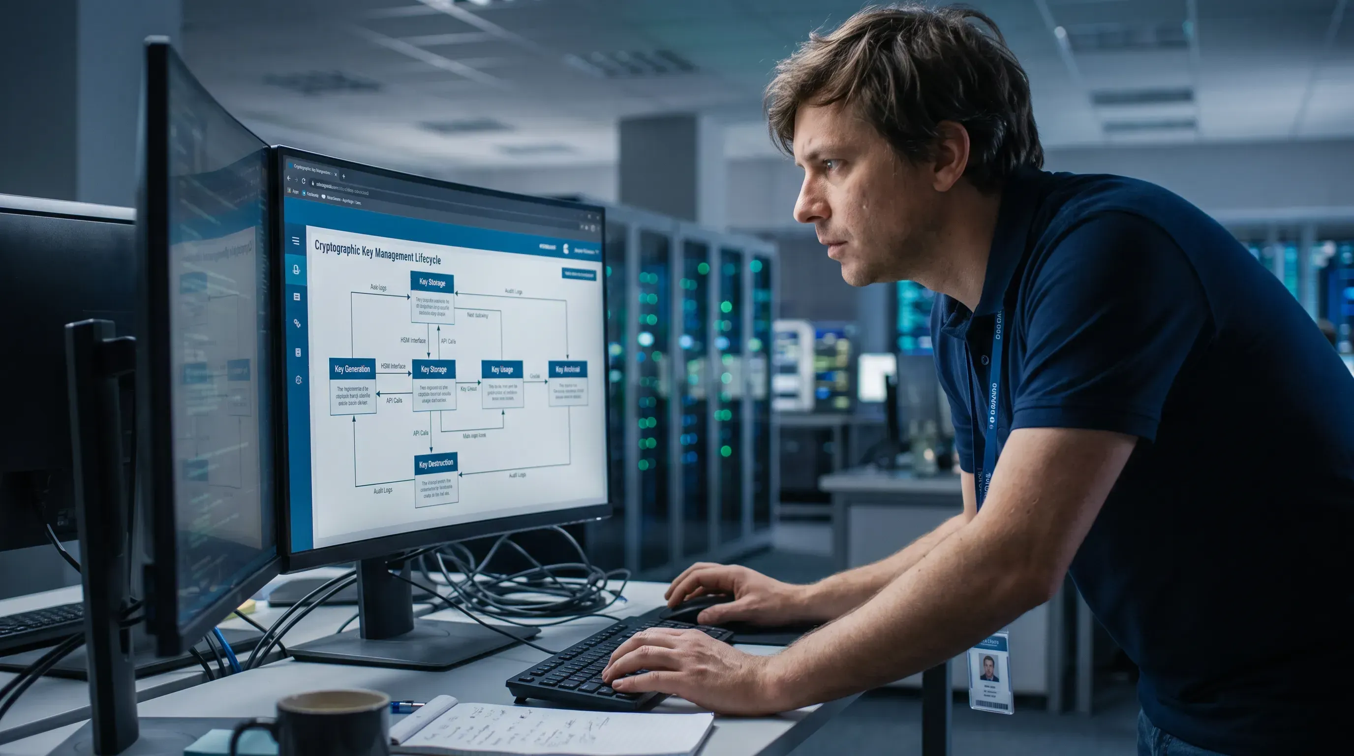 A fintech security analyst works at a modern data center desk, focused on a cryptographic key management diagram on the monitor.