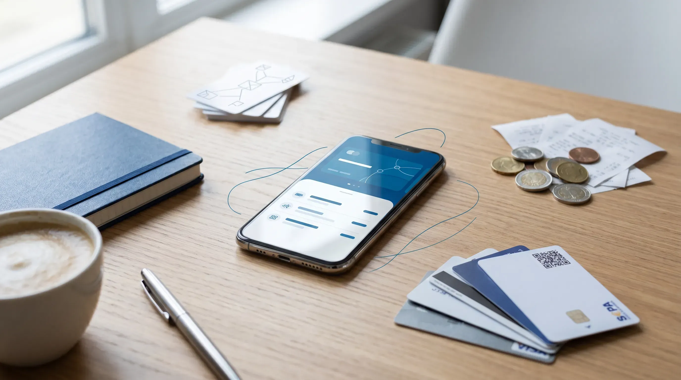 A modern financial workspace featuring a reflective smartphone with a wallet interface, surrounded by cards, coins, and a coffee cup on a wood tabletop.