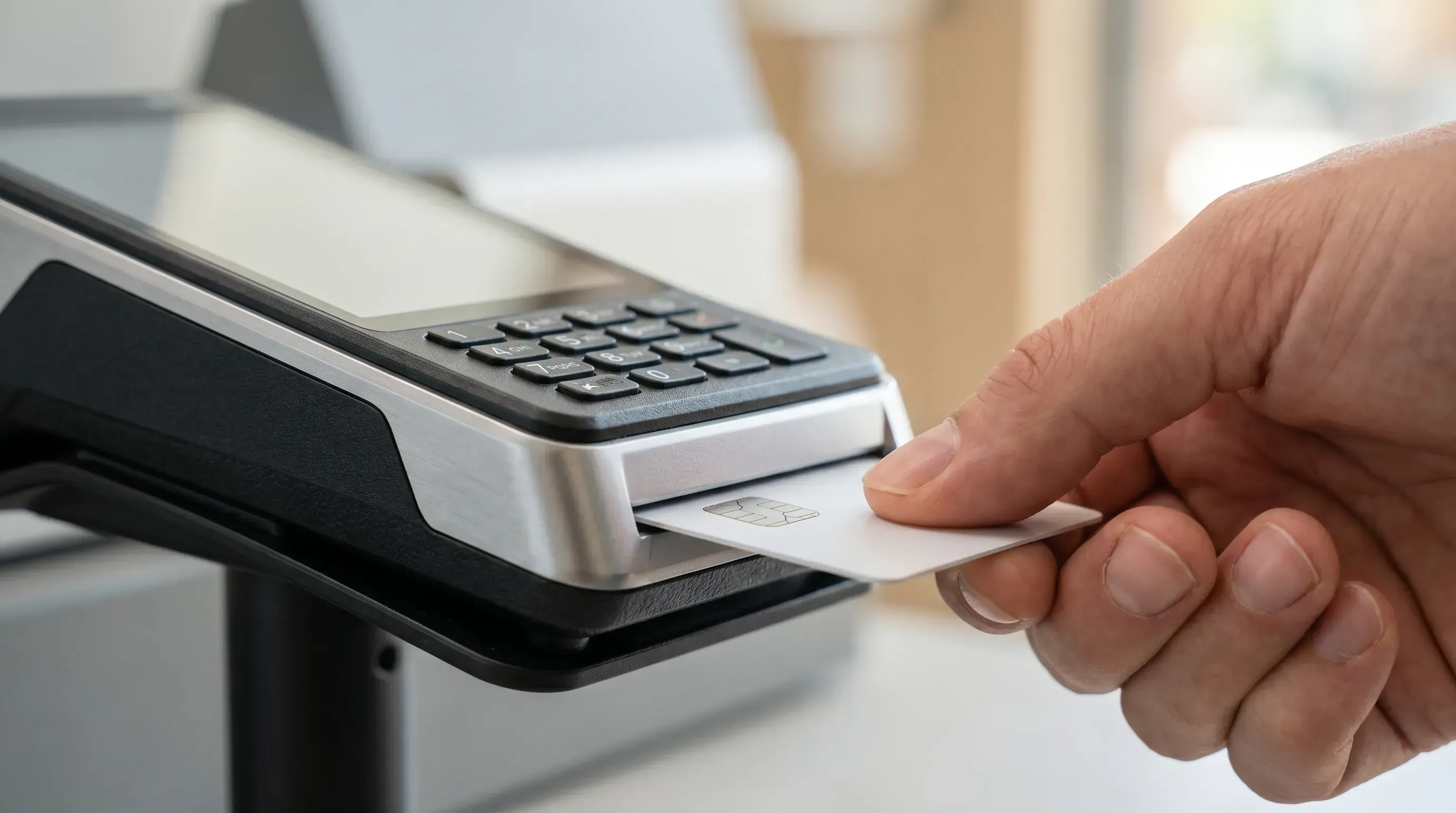 Close-up of a hand inserting an unbranded EMV chip card into a sleek, modern payment terminal at a retail checkout.
