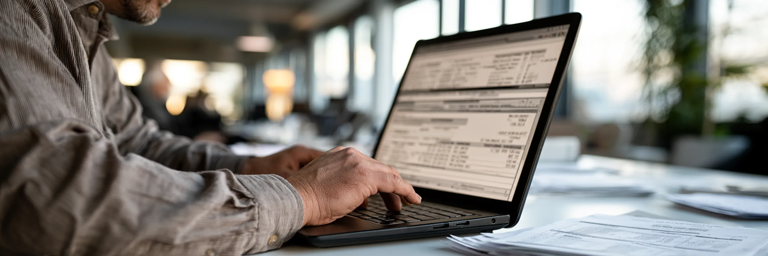 Professional working on a laptop displaying digital business forms and document records in a modern office environment, representing electronic document management and data processing