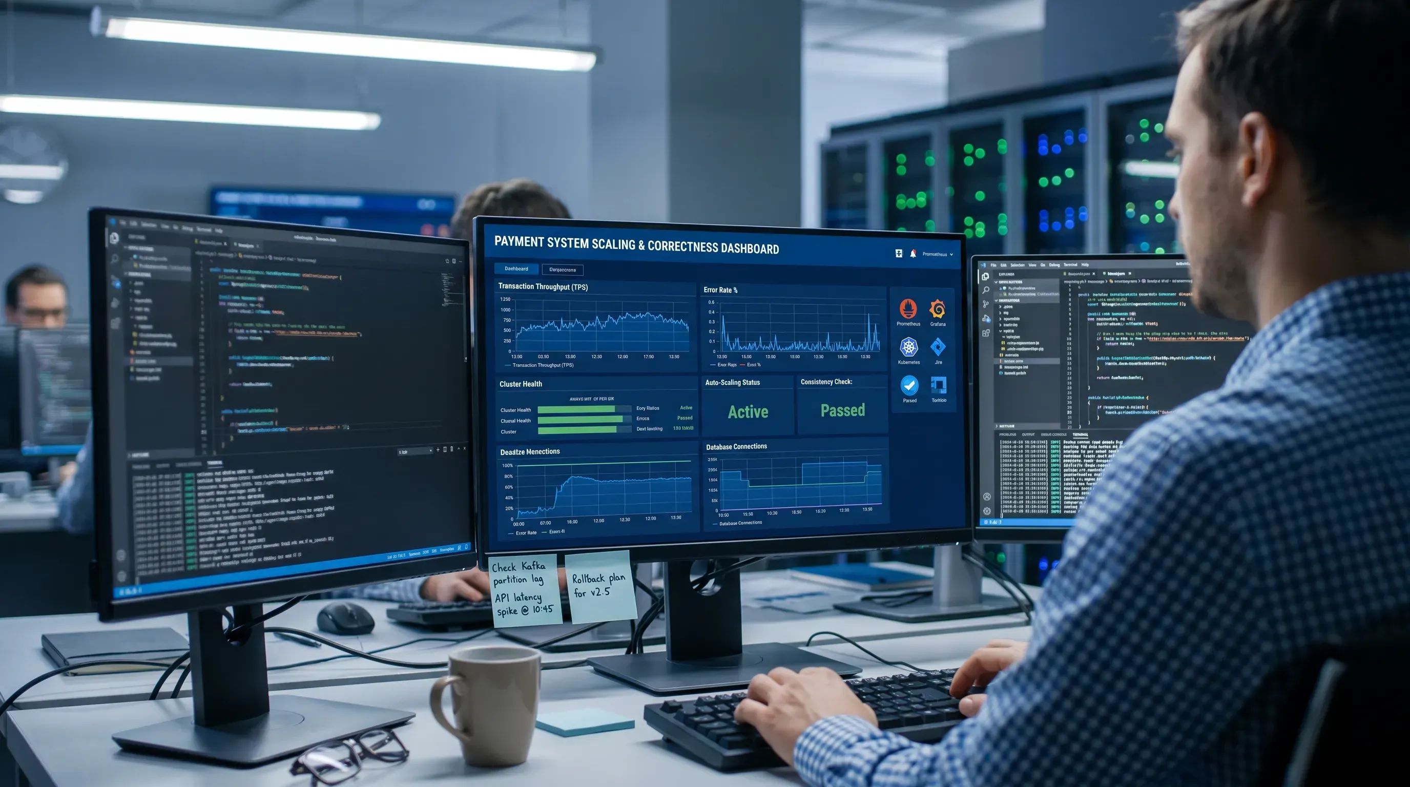 A payment systems engineer works at a multi-monitor workstation in a modern IT office, focused on a dashboard interface.