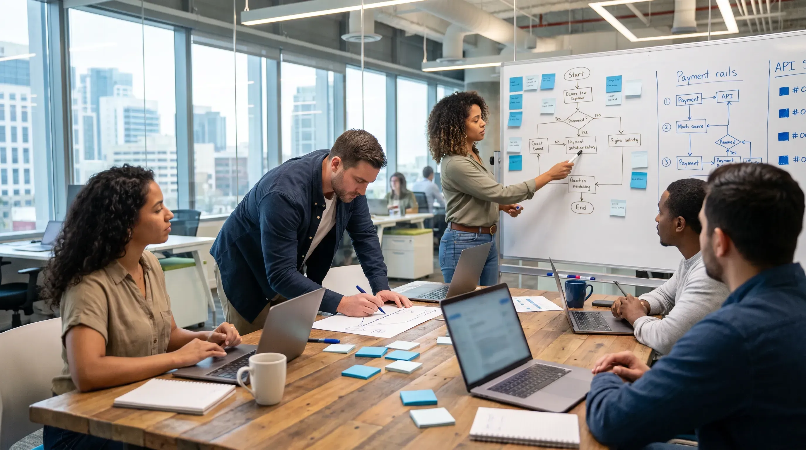 A team of fintech engineers collaborates in a glass-walled office, discussing digital wallet design with hand-drawn diagrams and laptops.