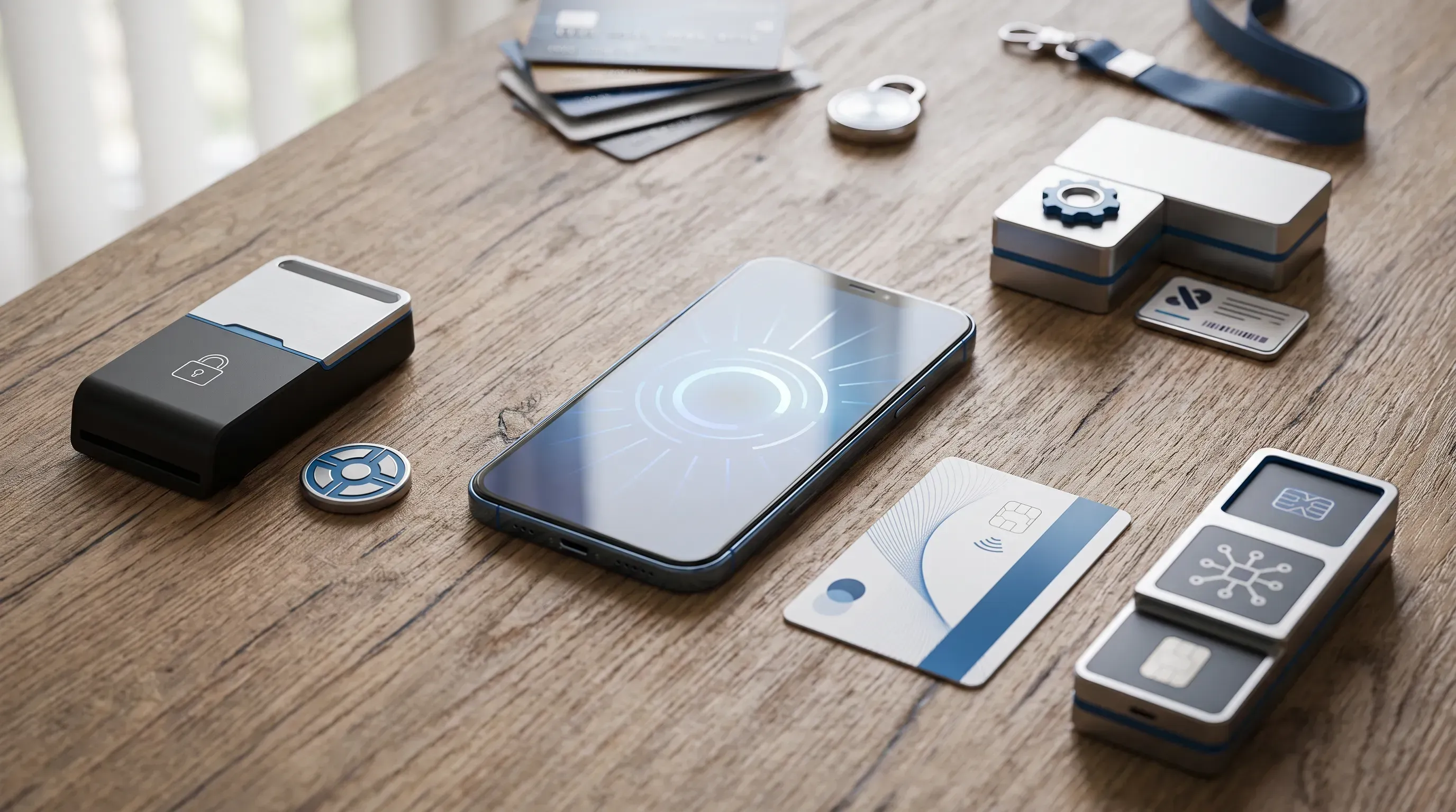A modern workspace with a glowing smartphone, a card reader, server block, and switchboard, all softly lit on a wood grain surface.