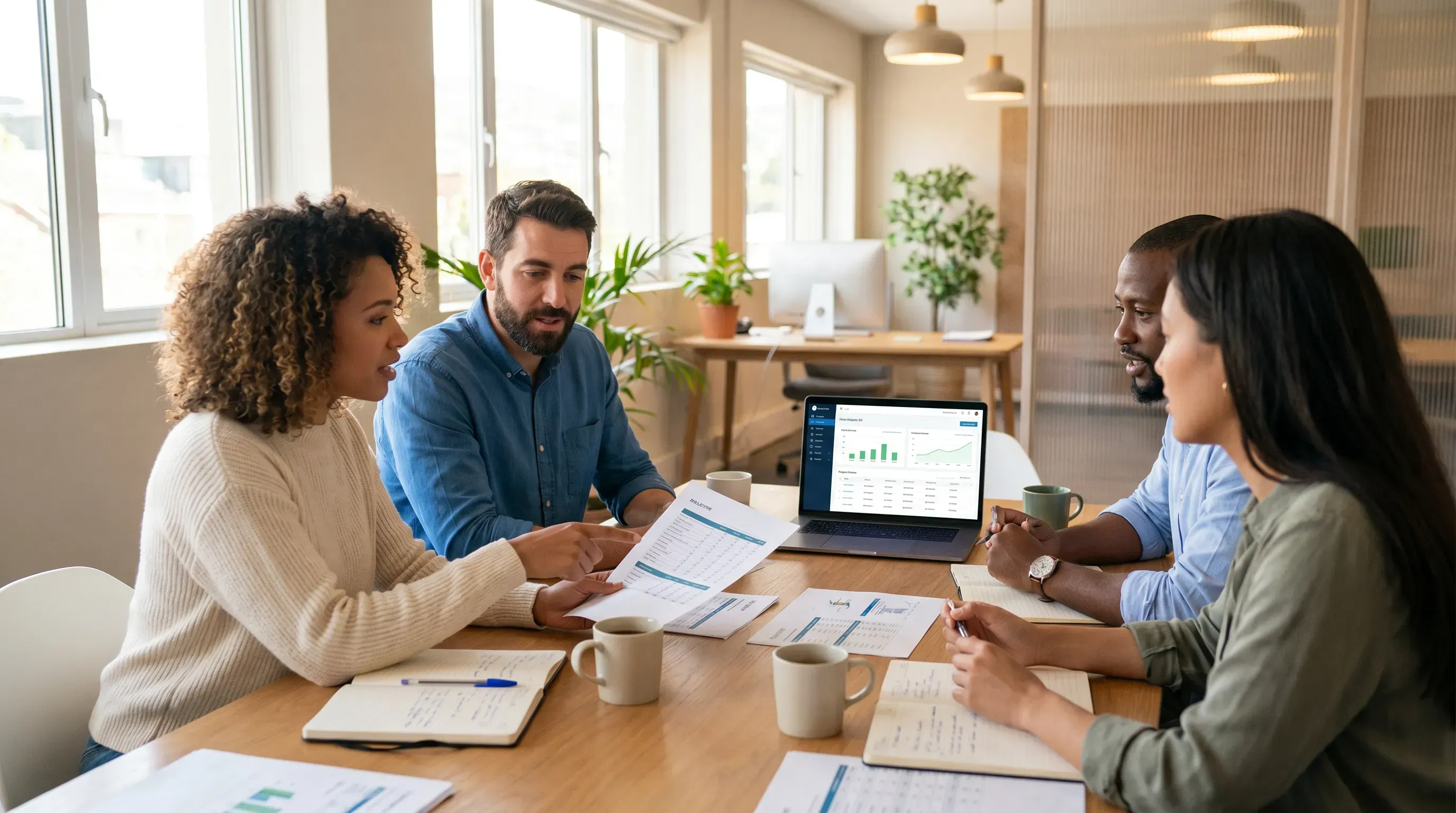 A candid business meeting in a modern office with professionals discussing reports around a table, surrounded by natural light and greenery.