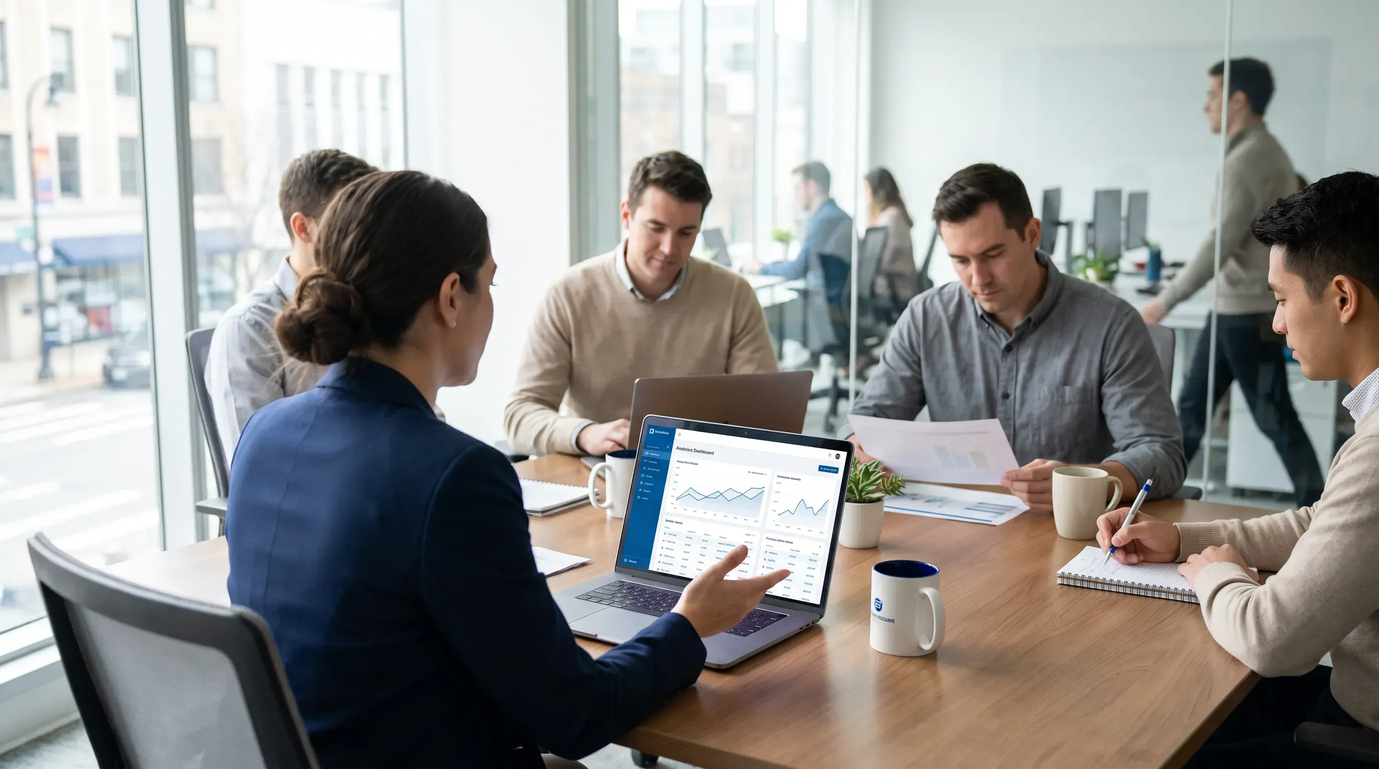 A small team of professionals in business-casual attire discusses a payment processing project around a wooden conference table in a modern fintech office.