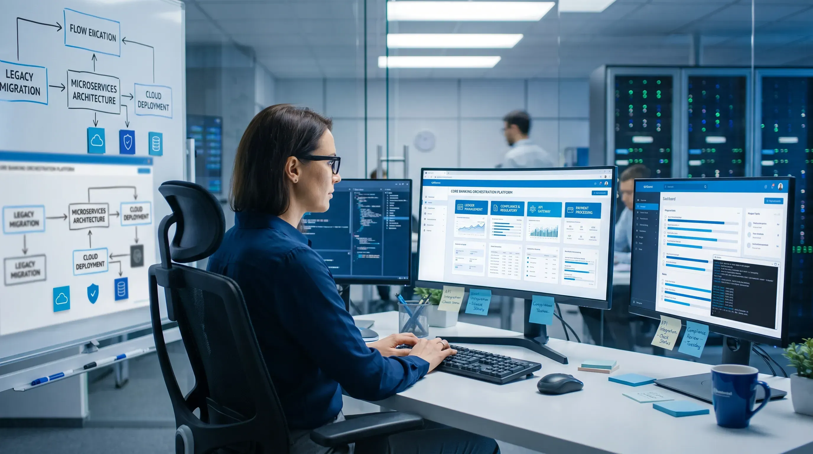 A focused IT analyst at a cluttered workstation, surrounded by monitors displaying a core banking platform and diagrams in a modern office.