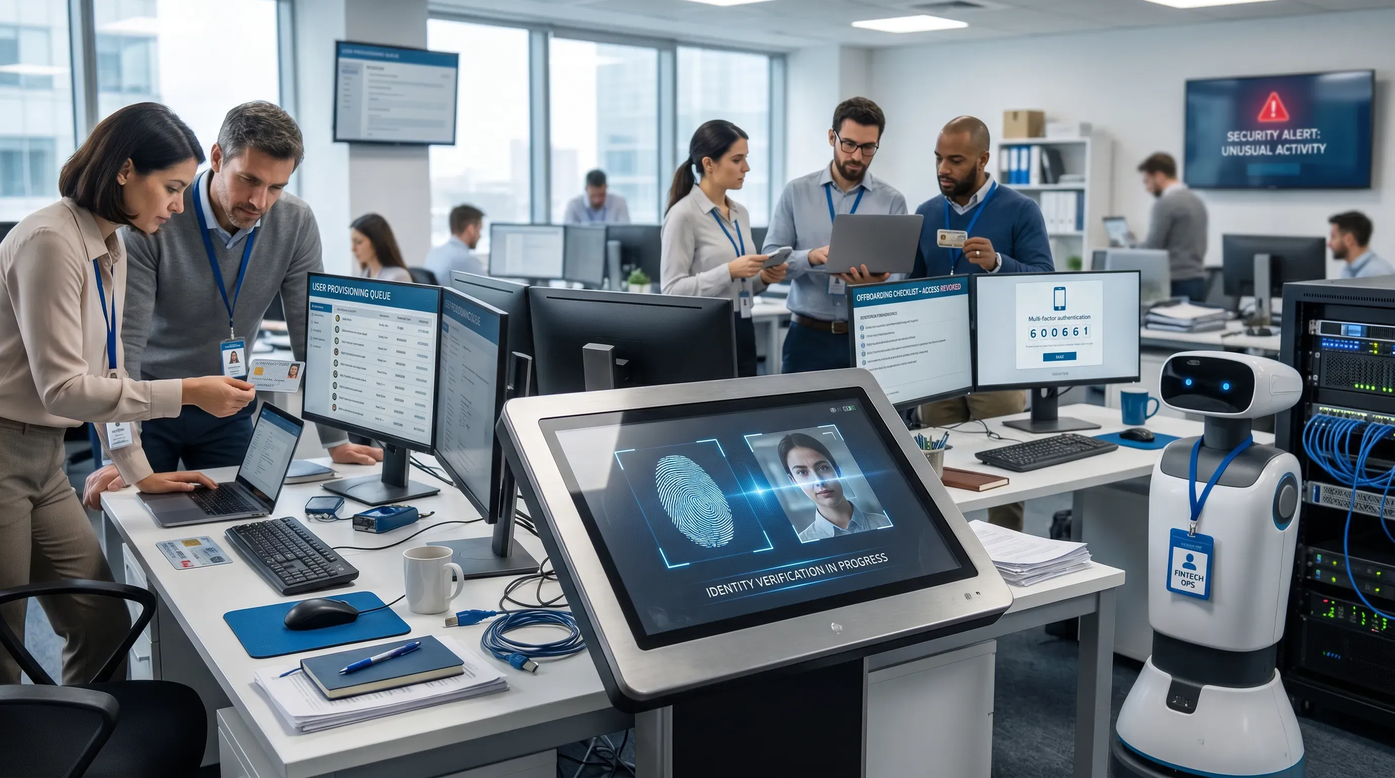 A busy fintech operations room with employees engaged in identity verification, featuring a large touchscreen and various tech devices.