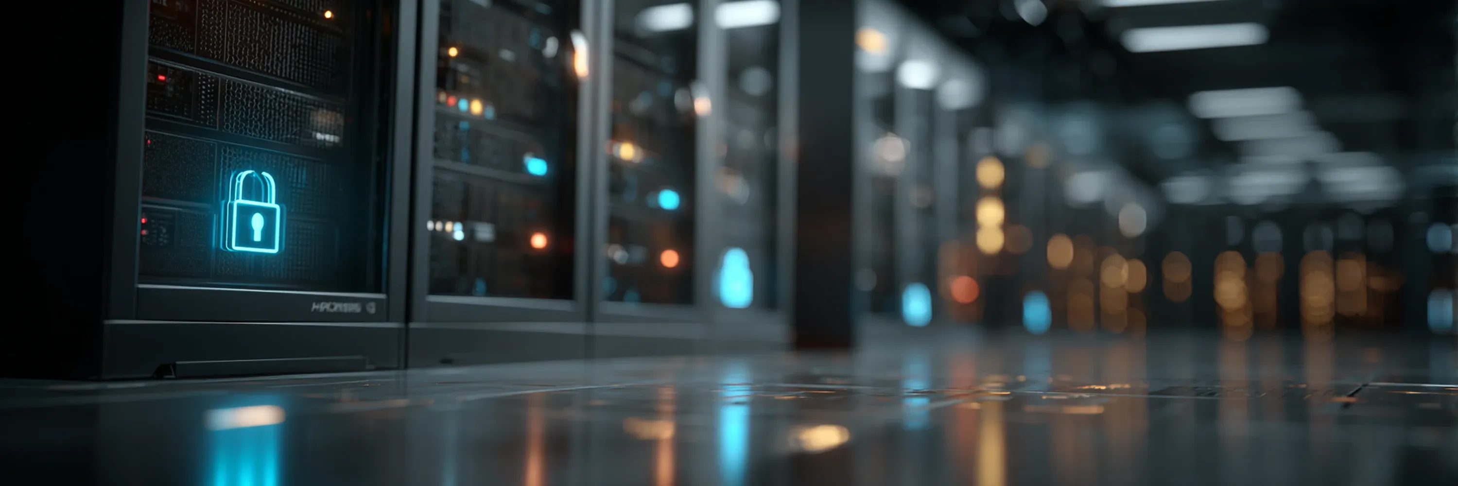 Modern data center server racks with glowing cybersecurity lock icons representing secure cloud infrastructure and data protection