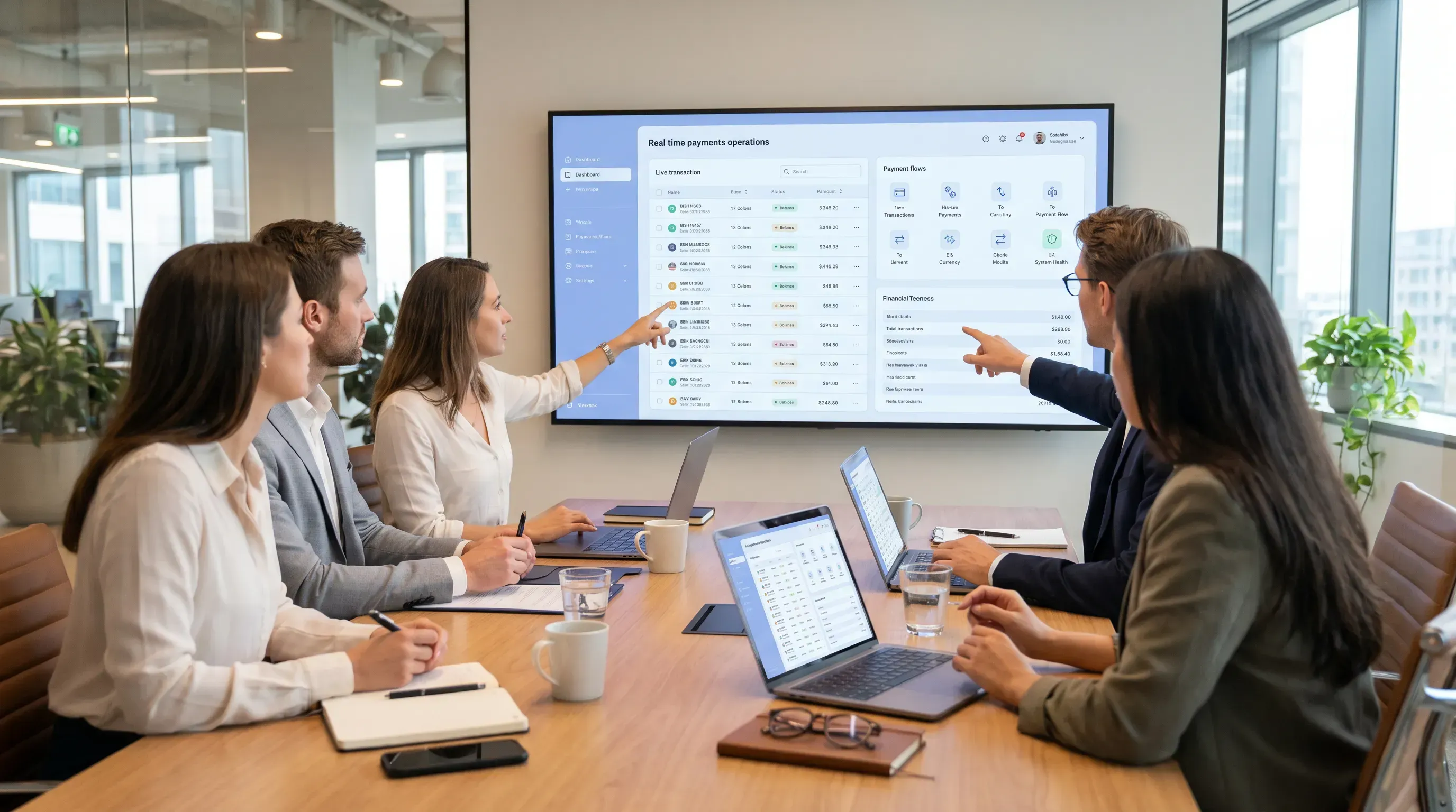 A corporate meeting scene with a business team collaborating around a large display showing a payments dashboard, in a modern office.