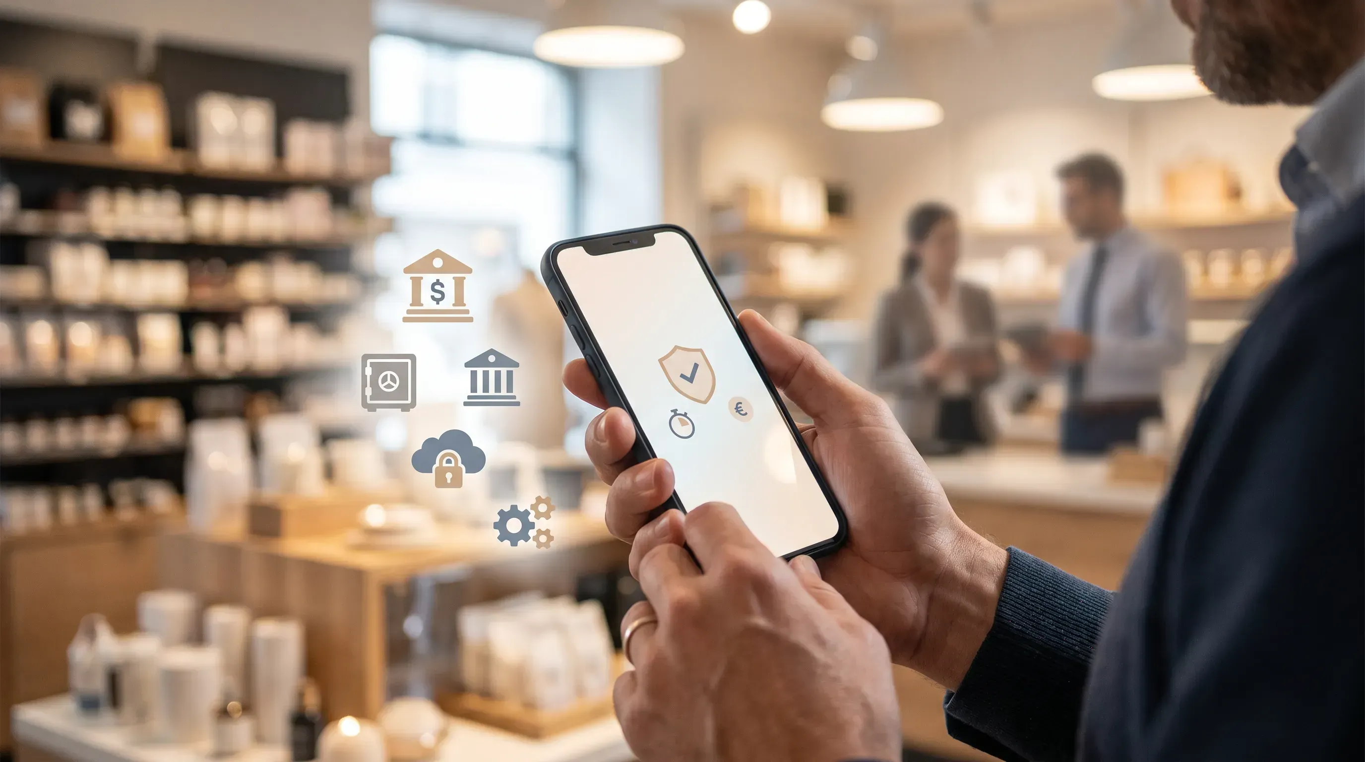 A customer holds a modern smartphone in a warmly lit retail setting, surrounded by abstract icons representing payment systems.