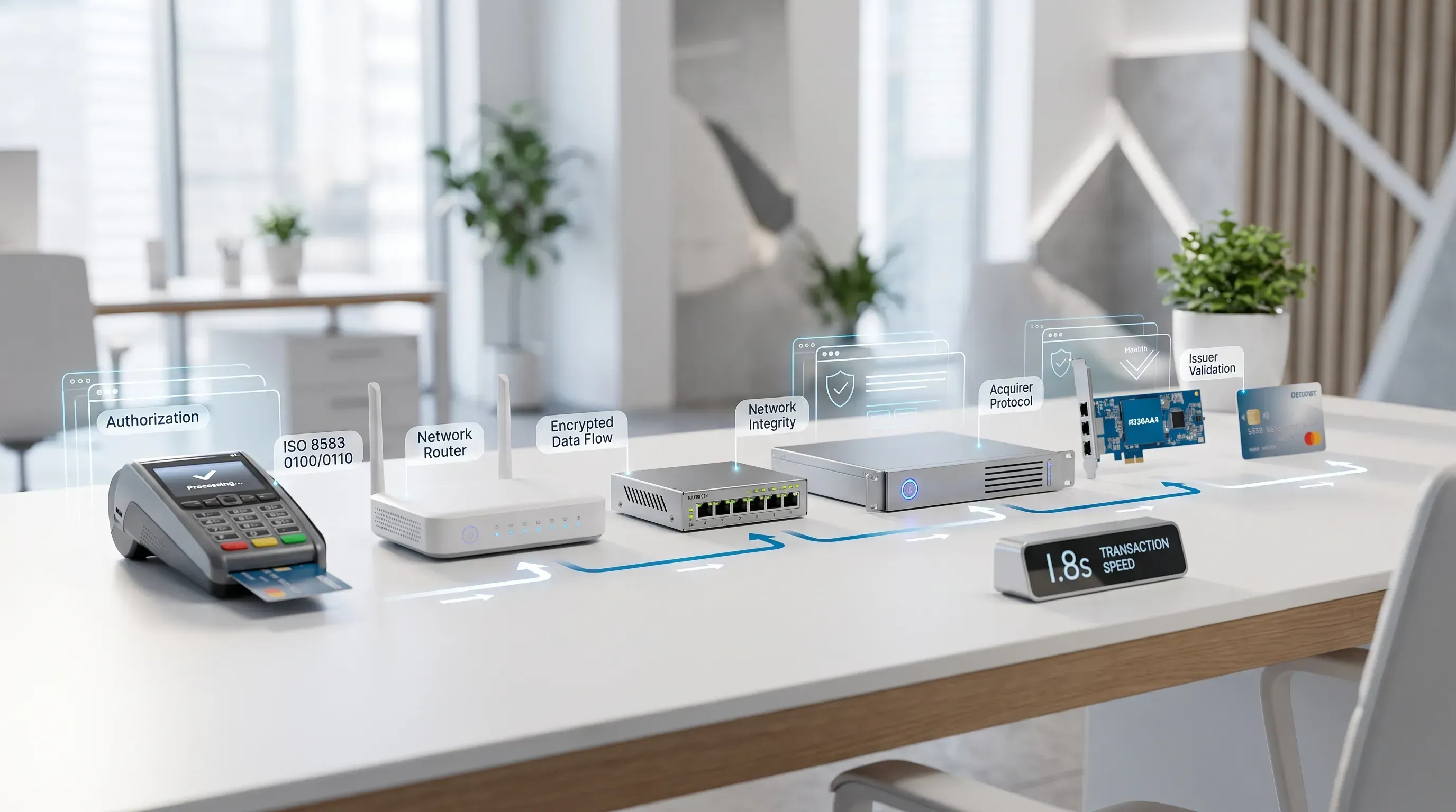 A modern office desk displays six realistic payment devices connected by blue and white arrows, emphasizing a card payment ecosystem.