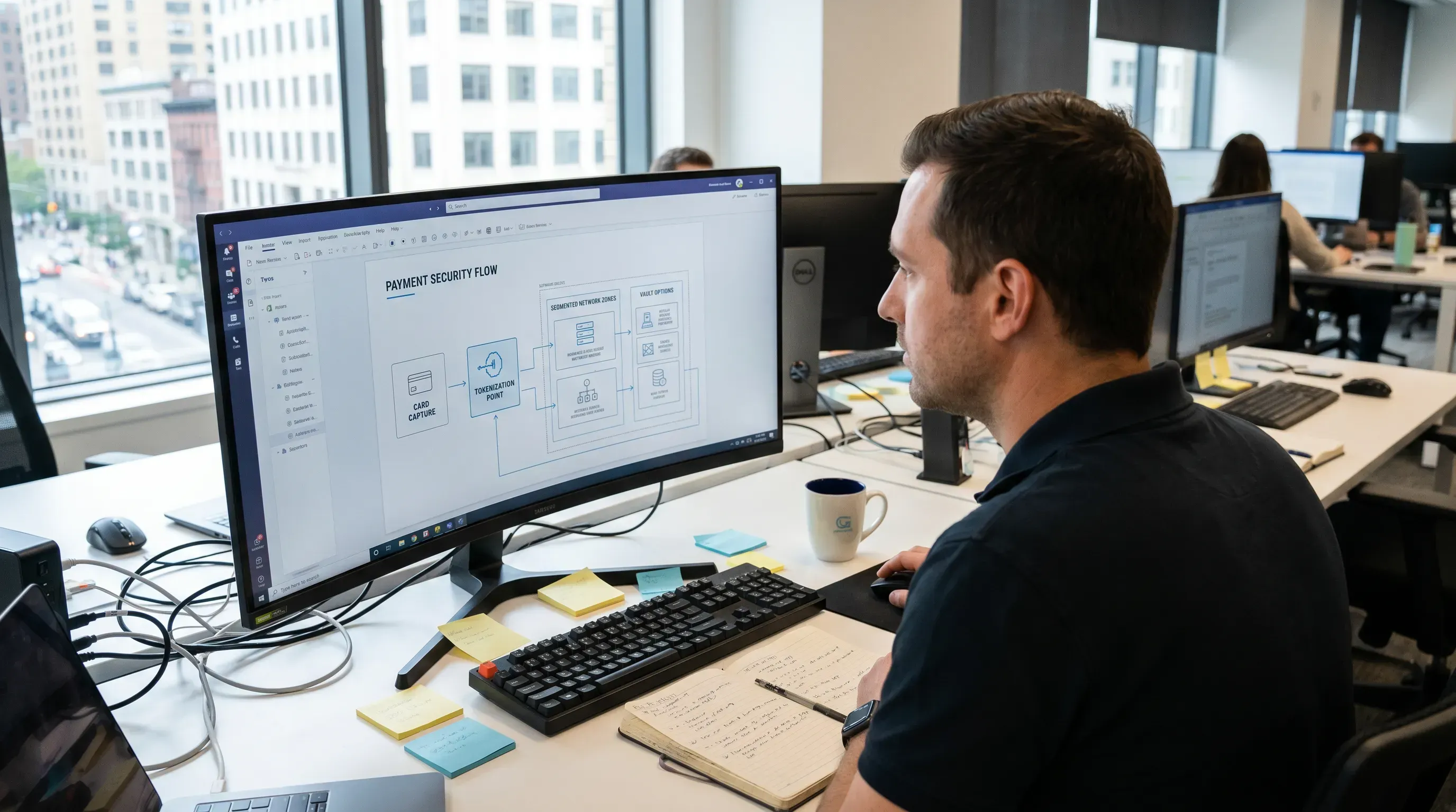 An IT professional reviews a network architecture diagram on a large monitor in a naturally lit office, with realistic desk clutter.