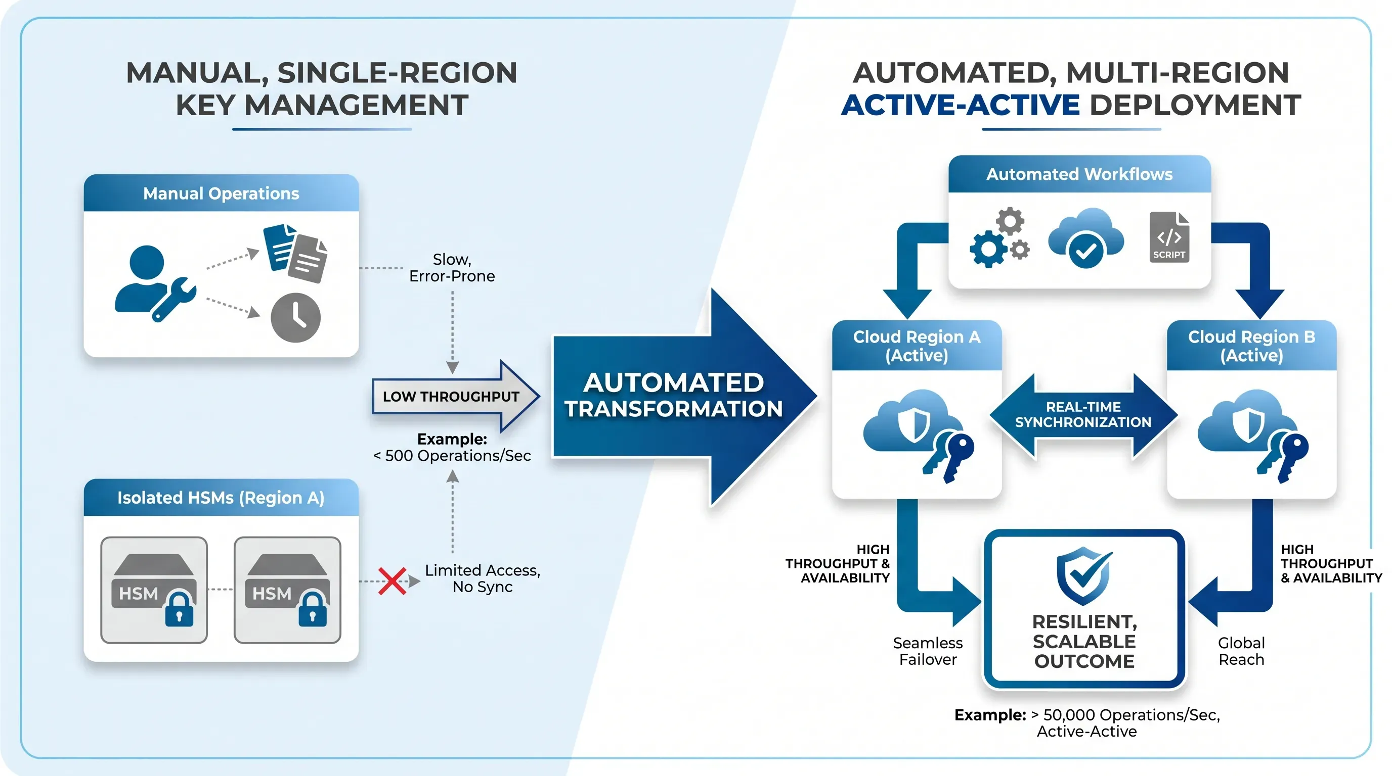 Infographic depicting the transition from manual key management to automated multi-region deployment, featuring clean design and soft gradients.