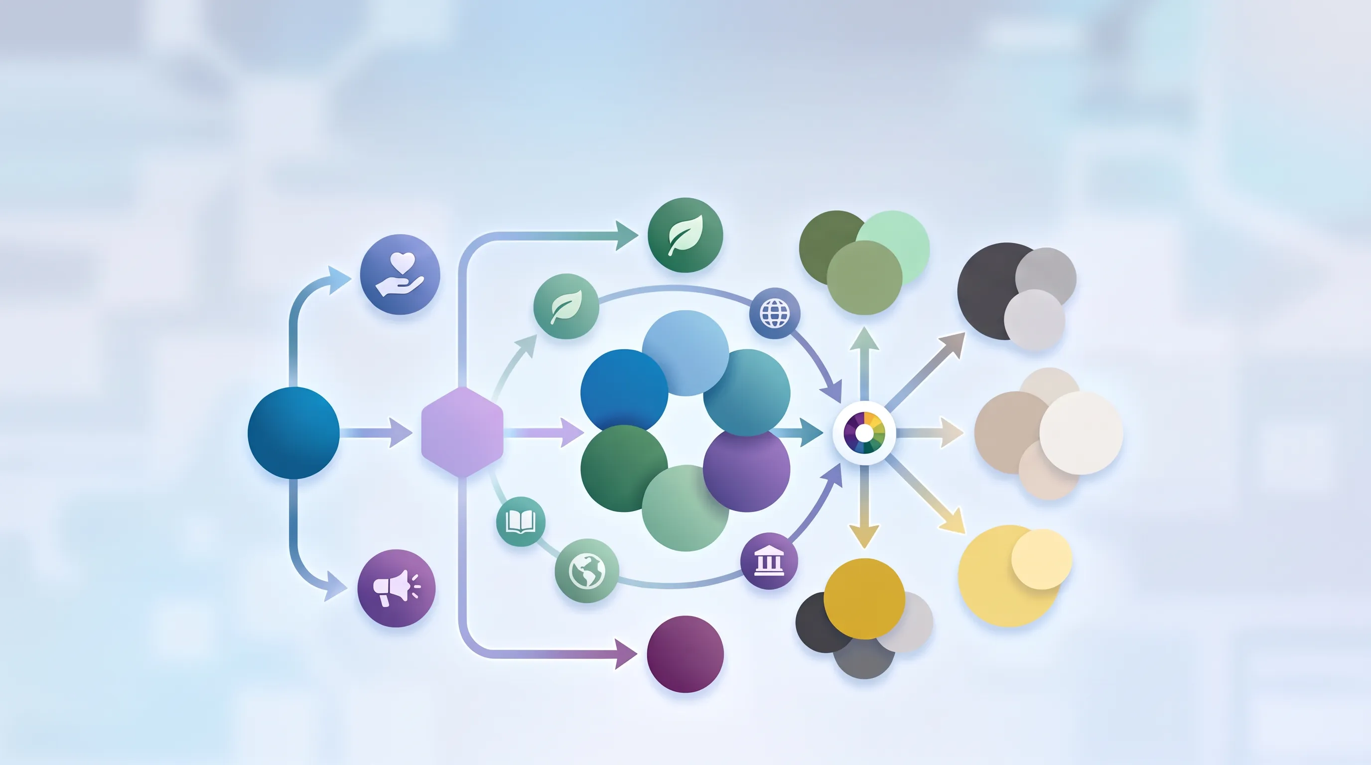 A minimalistic vector diagram showing interconnected digital processes with a cool blue gradient background and no title.