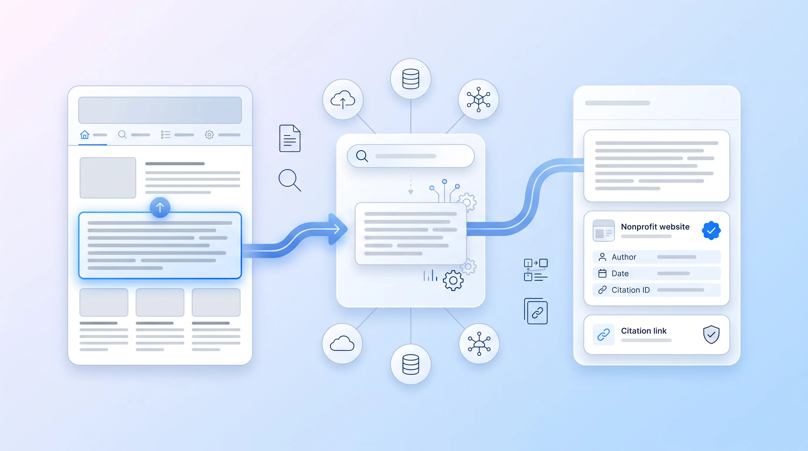 Minimalist illustration of a nonprofit web page with structured content flowing to an AI interface, emphasizing citation-ready architecture.