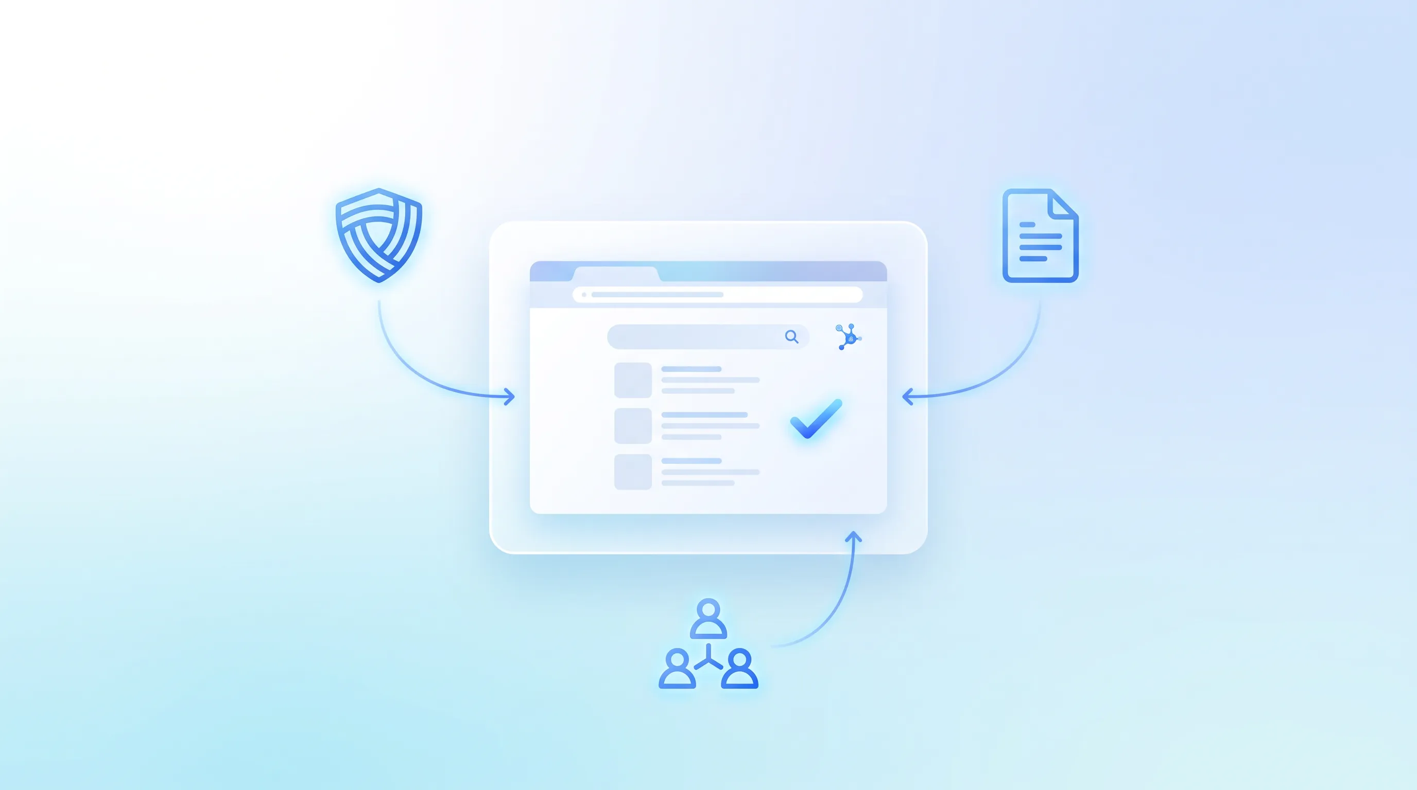 A modern digital interface panel with a stylized browser window, surrounded by geometric trust icons on a soft blue gradient background.