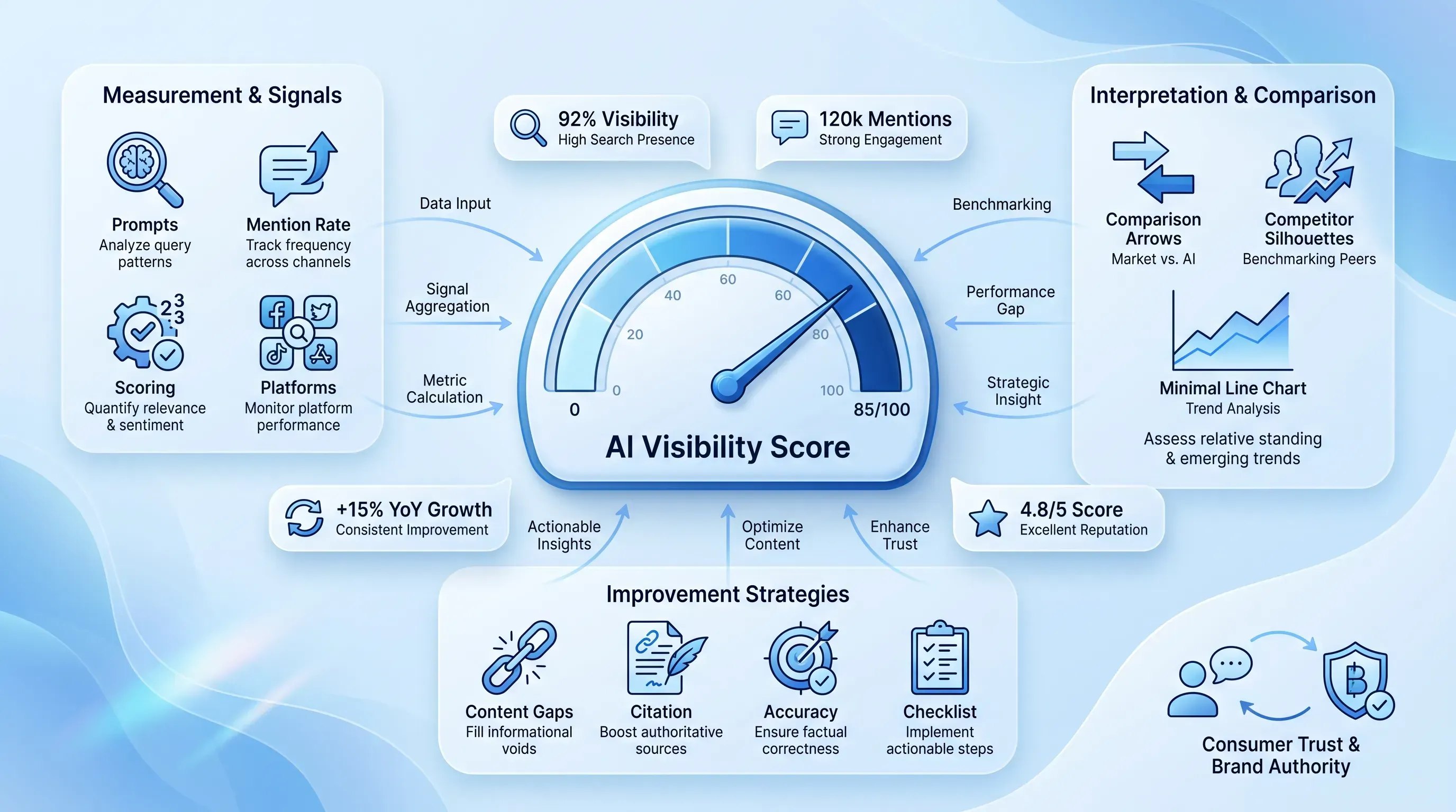 Modern infographic featuring a central 'AI Visibility Score' gauge surrounded by clusters for measurement, interpretation, and improvement strategies, on a s…