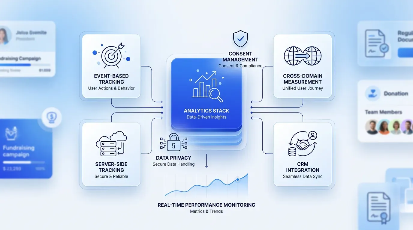 A clean SaaS UI illustration featuring a central blue analytics module surrounded by rounded modules with minimal icons, set against a soft blue gradient.