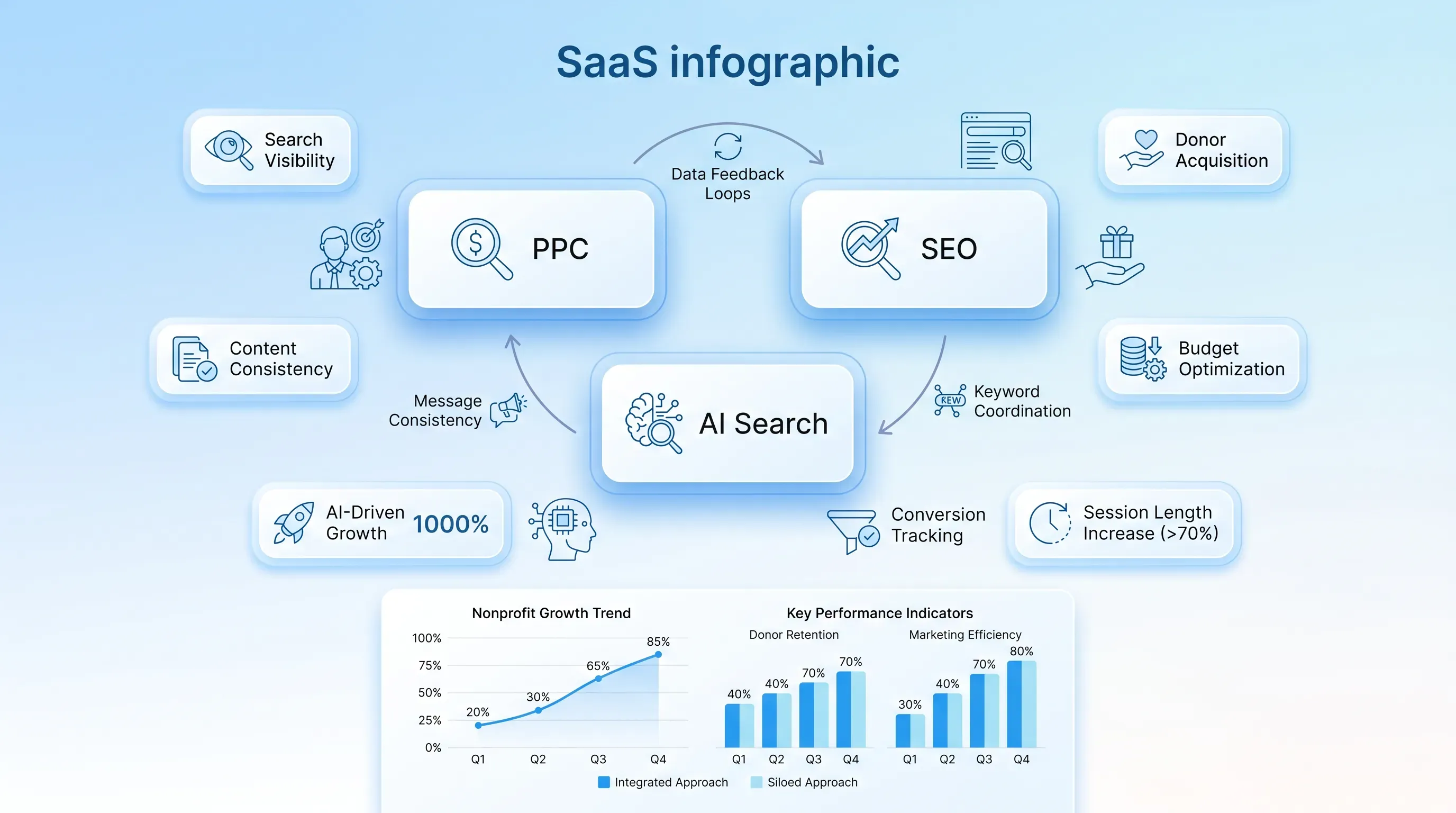Calm SaaS infographic with a gradient background, featuring three floating cards labeled PPC, SEO, and AI Search, with icons and benefits.