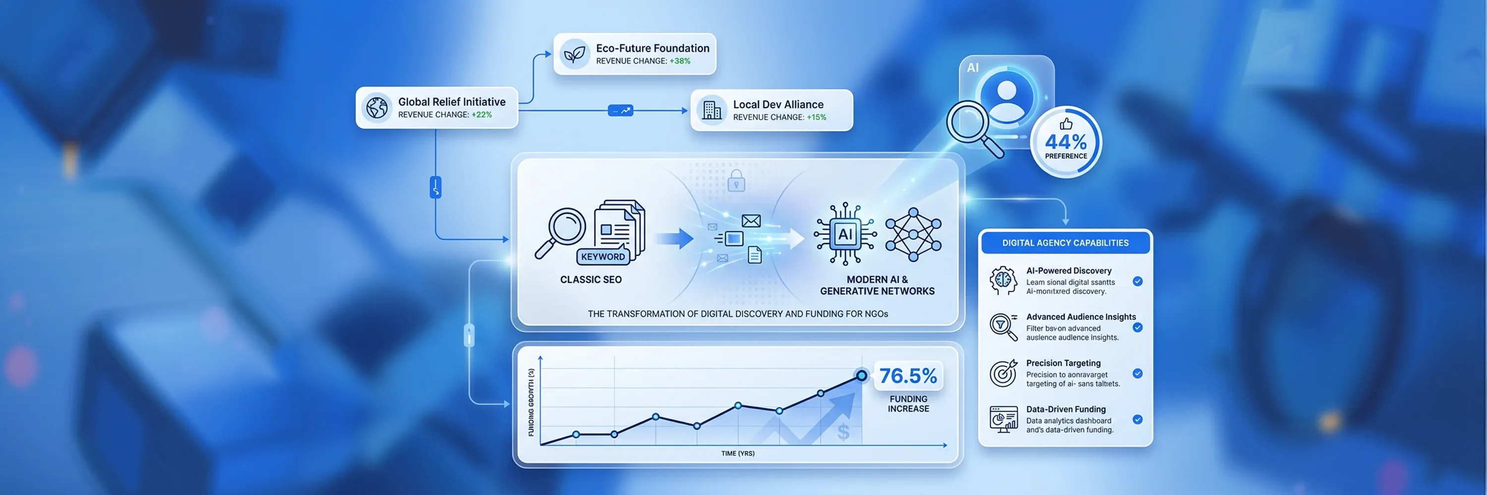 Infographic showing transition from classic SEO to AI-powered digital discovery for NGOs, highlighting analytics, audience insights, precision targeting, and increased funding performance.