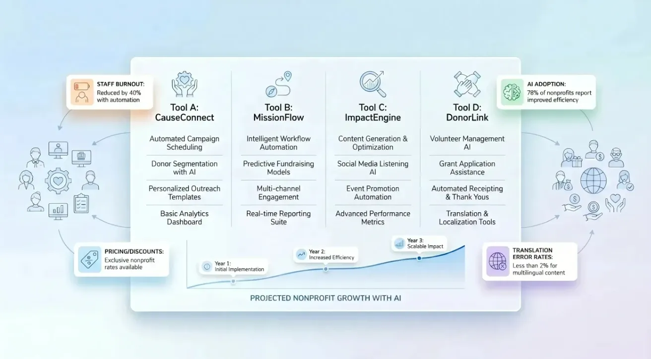Infographic comparing four AI marketing automation tools for nonprofits, featuring a central white board with soft shadows and muted blue icons.