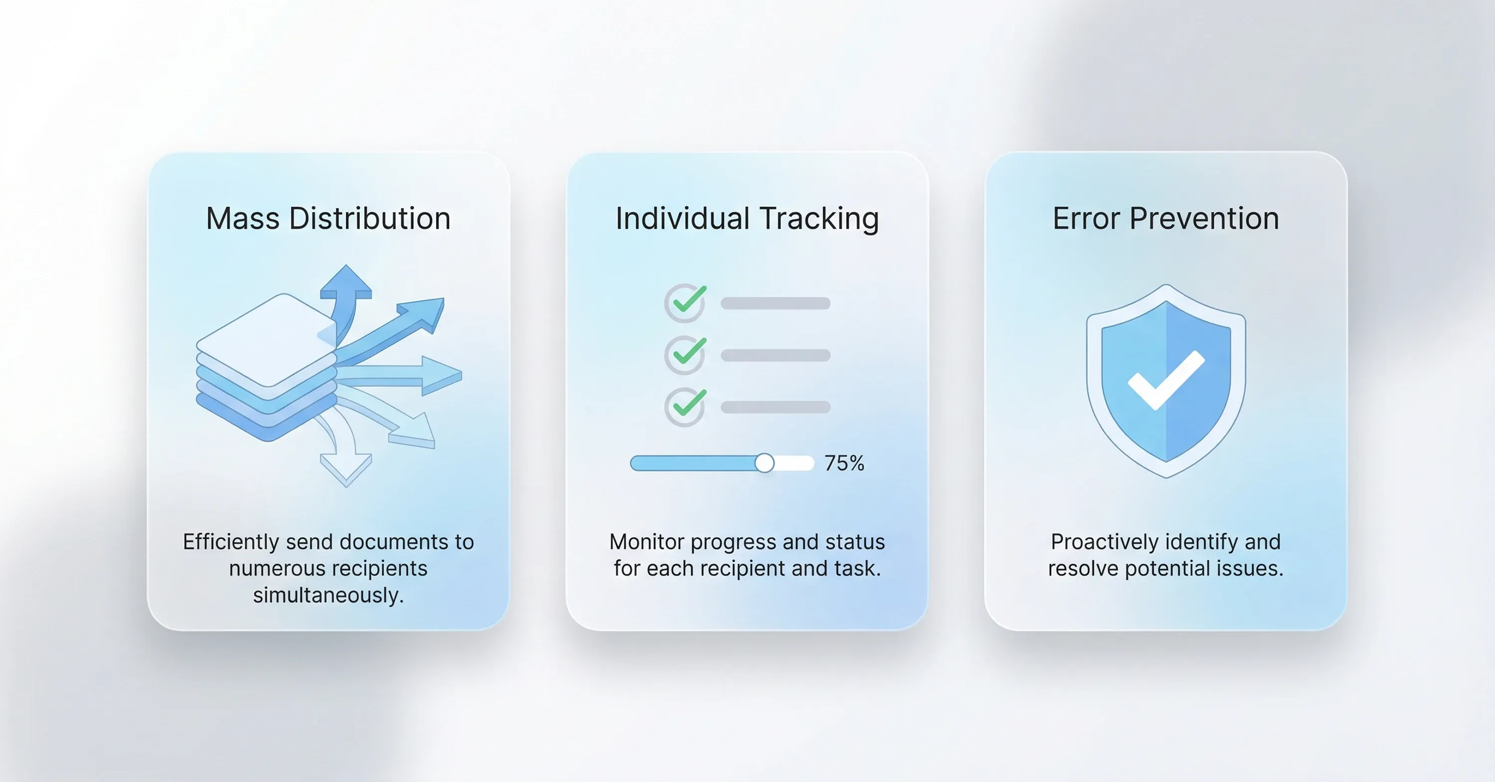Visual cards illustrating AI-powered bulk document signing features including mass distribution, individual tracking, and error prevention for automated workflows