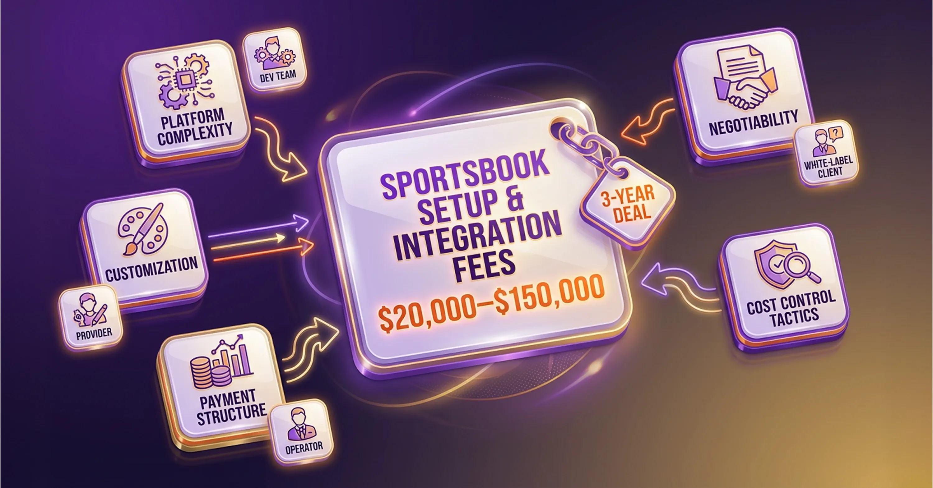 Infographic showing sportsbook setup and integration fees ranging from $20,000 to $150,000, influenced by platform complexity, customization, payment structure, negotiability, and cost control tactics.